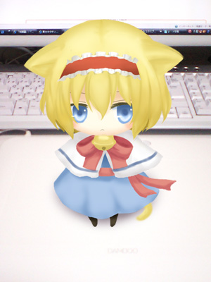 ico (engawa roman), ico (pixiv296601), alice margatroid, touhou, lowres, photo (medium), 1girl, :<, animal ears, bell, blonde hair, blue eyes, cat ears, cat girl, cat tail, chibi, female focus, hairband, jingle bell, kemonomimi mode, solo, tail