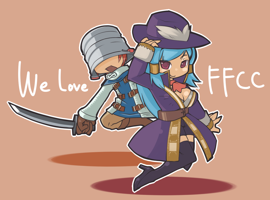 masha, selkie, final fantasy, final fantasy crystal chronicles, alternate costume, blue hair, breasts, chibi, cleavage, hat, large breasts, purple eyes, sword, weapon, wolfie selkie (female)