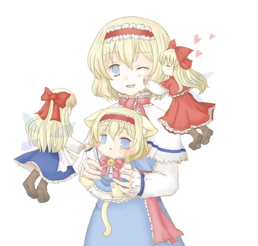 ico (engawa roman), ico (pixiv296601), alice margatroid, hourai doll, shanghai doll, touhou, 1girl, :<, animal ears, blonde hair, blue eyes, cat ears, cat girl, cat tail, chibi, doll, dress, female focus, hairband, long hair, one eye closed, short hair, solo, tail, wings, wink