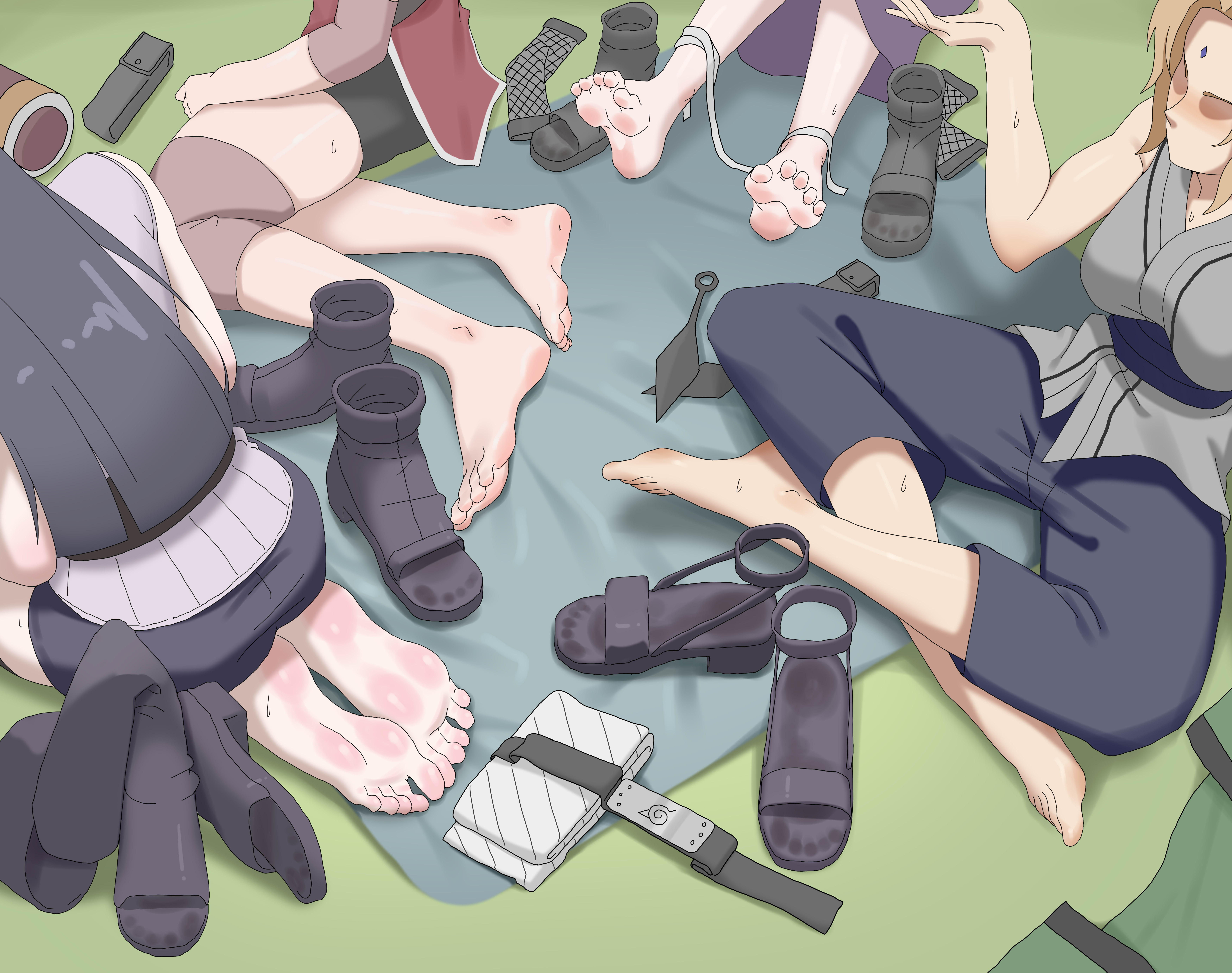 paxa349, haruno sakura, hyuuga hinata, tsunade (naruto), yamanaka ino, naruto (series), absurdres, highres, 4girls, barefoot, black hair, blonde hair, feet, light blush, long hair, mature female, multiple girls, sandals, shoes, soles, sweat, toes, unworn shoes