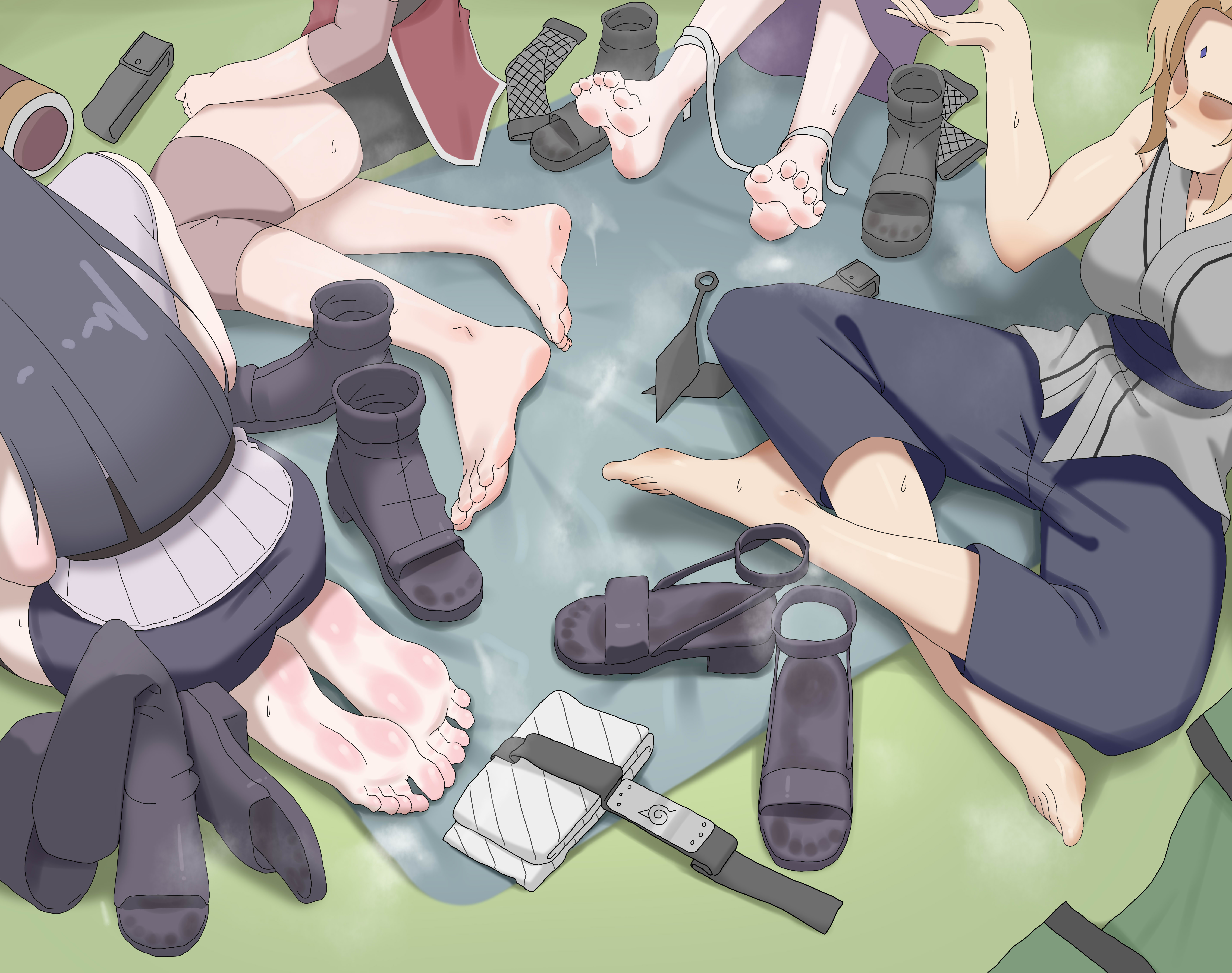 paxa349, haruno sakura, hyuuga hinata, tsunade (naruto), yamanaka ino, naruto (series), absurdres, highres, 4girls, barefoot, black hair, blonde hair, feet, light blush, long hair, mature female, multiple girls, sandals, shoes, soles, steam, sweat, toes, unworn shoes