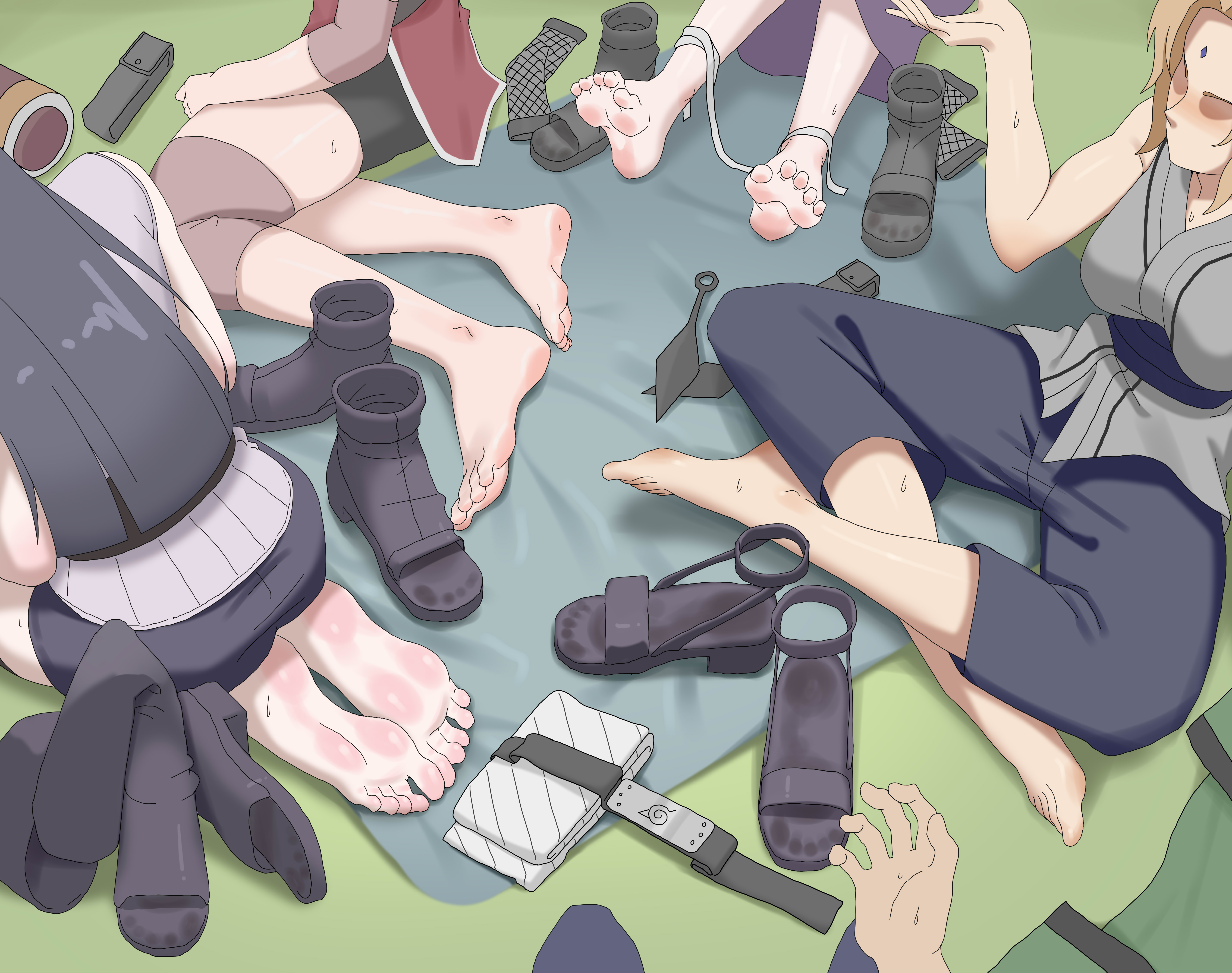 paxa349, haruno sakura, hyuuga hinata, tsunade (naruto), yamanaka ino, naruto (series), absurdres, highres, 4girls, barefoot, black hair, blonde hair, feet, light blush, long hair, mature female, multiple girls, sandals, shoes, soles, sweat, toes, unworn shoes