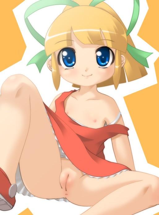 roll (mega man), capcom, mega man (classic), mega man (series), artist request, 1girl, blonde hair, blue eyes, female focus, flat chest, hair ribbon, loli, nipples, no panties, ponytail, pussy, red skirt, ribbon, skirt, smile, solo