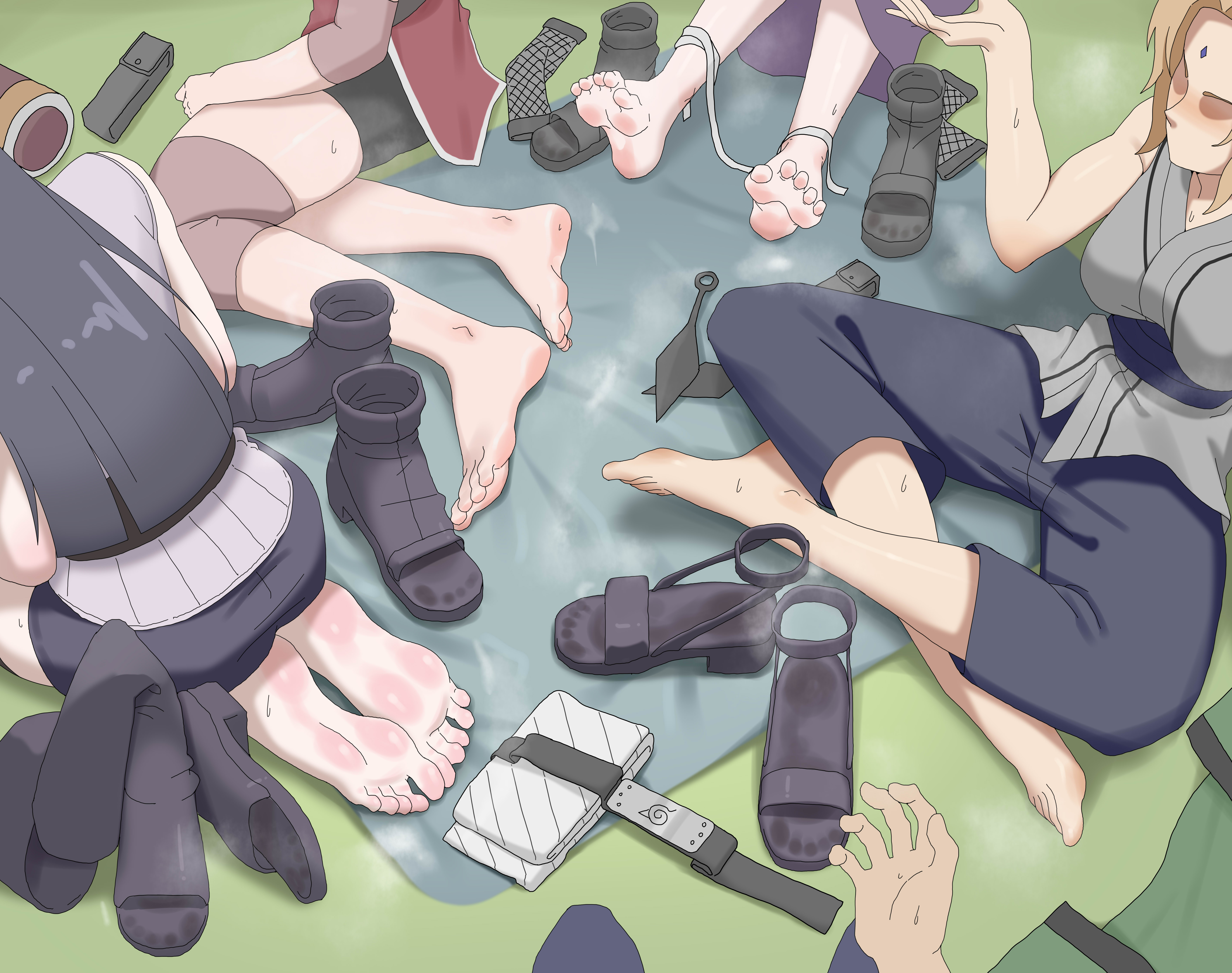 paxa349, haruno sakura, hyuuga hinata, tsunade (naruto), yamanaka ino, naruto (series), absurdres, highres, 4girls, barefoot, black hair, blonde hair, feet, light blush, long hair, mature female, multiple girls, sandals, shoes, soles, steam, sweat, toes, unworn shoes