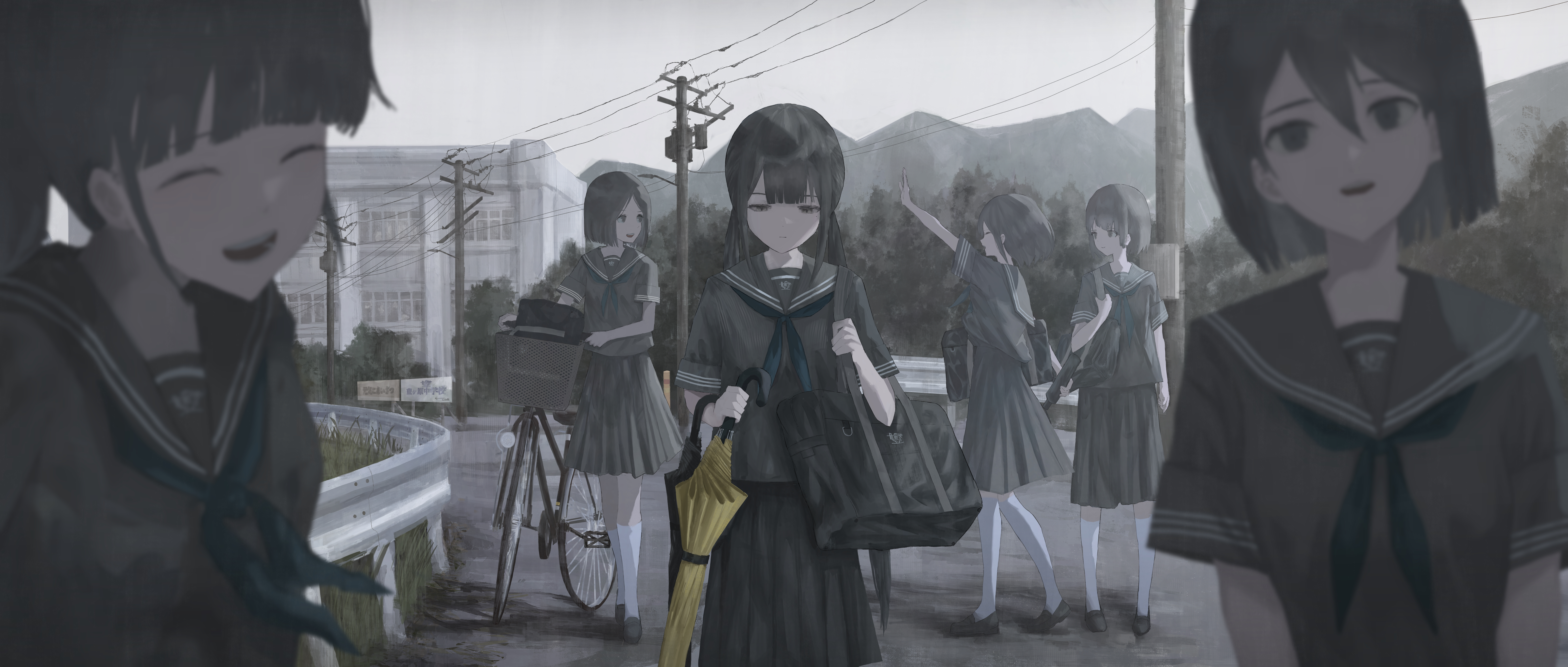 kogumo kei, original, absurdres, highres, 6+girls, bag, bicycle, black bag, black hair, black shoes, blue neckerchief, building, closed eyes, closed mouth, grey serafuku, grey sky, holding, holding umbrella, kneehighs, multiple girls, neckerchief, outdoors, overcast, power lines, pushing bicycle, school bag, school uniform, serafuku, shoes, short sleeves, skirt, sky, socks, solo focus, umbrella, utility pole, walking, white socks, yellow umbrella