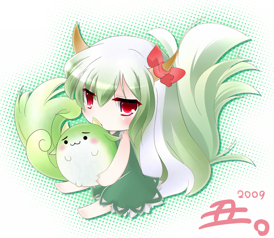 hoshineko (kiraneko), ex-keine, kamishirasawa keine, kamishirasawa keine (hakutaku), sukusuku hakutaku, touhou, bad id, bad pixiv id, 1girl, :3, chibi, female focus, food, green hair, horns, large tail, long hair, red eyes, solo, tail