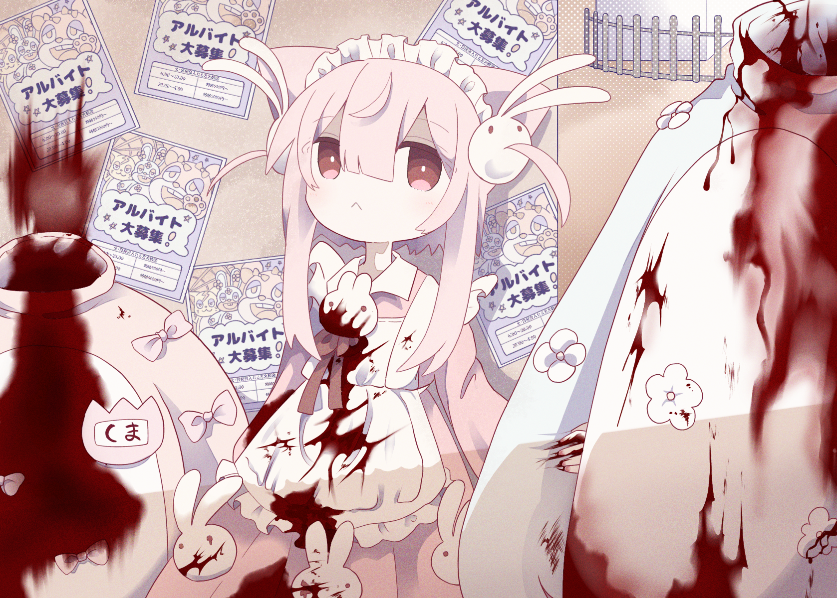 ashi izumo, original, highres, 1girl, 2others, :<, animal costume, apron, blood, blood on clothes, bow, bright pupils, collared dress, dress, expressionless, flower, flyer, hair ears, hair ornament, hand on another's arm, headless, maid headdress, multiple others, name tag, pink dress, pink eyes, pink hair, rabbit costume, rabbit hair ornament, two side up, white apron, white pupils