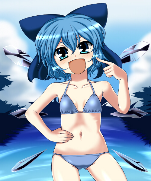 shishou (absolute area), cirno, touhou, 1girl, bikini, blue bikini, blue eyes, blue hair, day, female focus, flat chest, matching hair/eyes, nature, navel, open mouth, outdoors, plant, short hair, sky, solo, swimsuit, wings