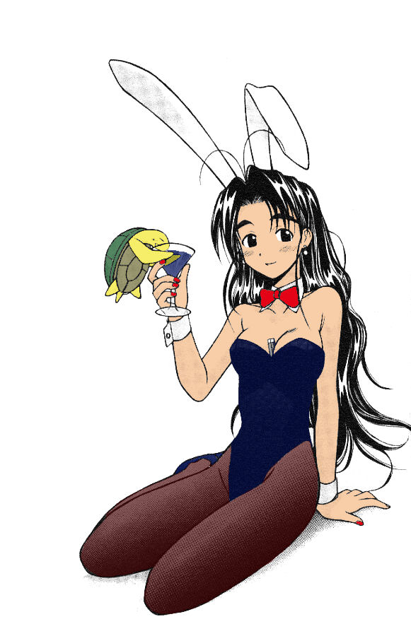 akamatsu ken, otohime mutsumi, tama (love hina), love hina, third-party edit, 1girl, animal ears, antenna hair, between breasts, black hair, blush, bow, bowtie, breasts, cleavage, cocktail, cocktail glass, cup, detached collar, drinking, drinking glass, earrings, fake animal ears, fishnet pantyhose, fishnets, high heels, jewelry, long hair, looking at viewer, nail polish, pantyhose, playboy bunny, rabbit ears, red nails, shoes, simple background, sitting, smile, turtle, very long hair, white background, wrist cuffs, yokozuwari