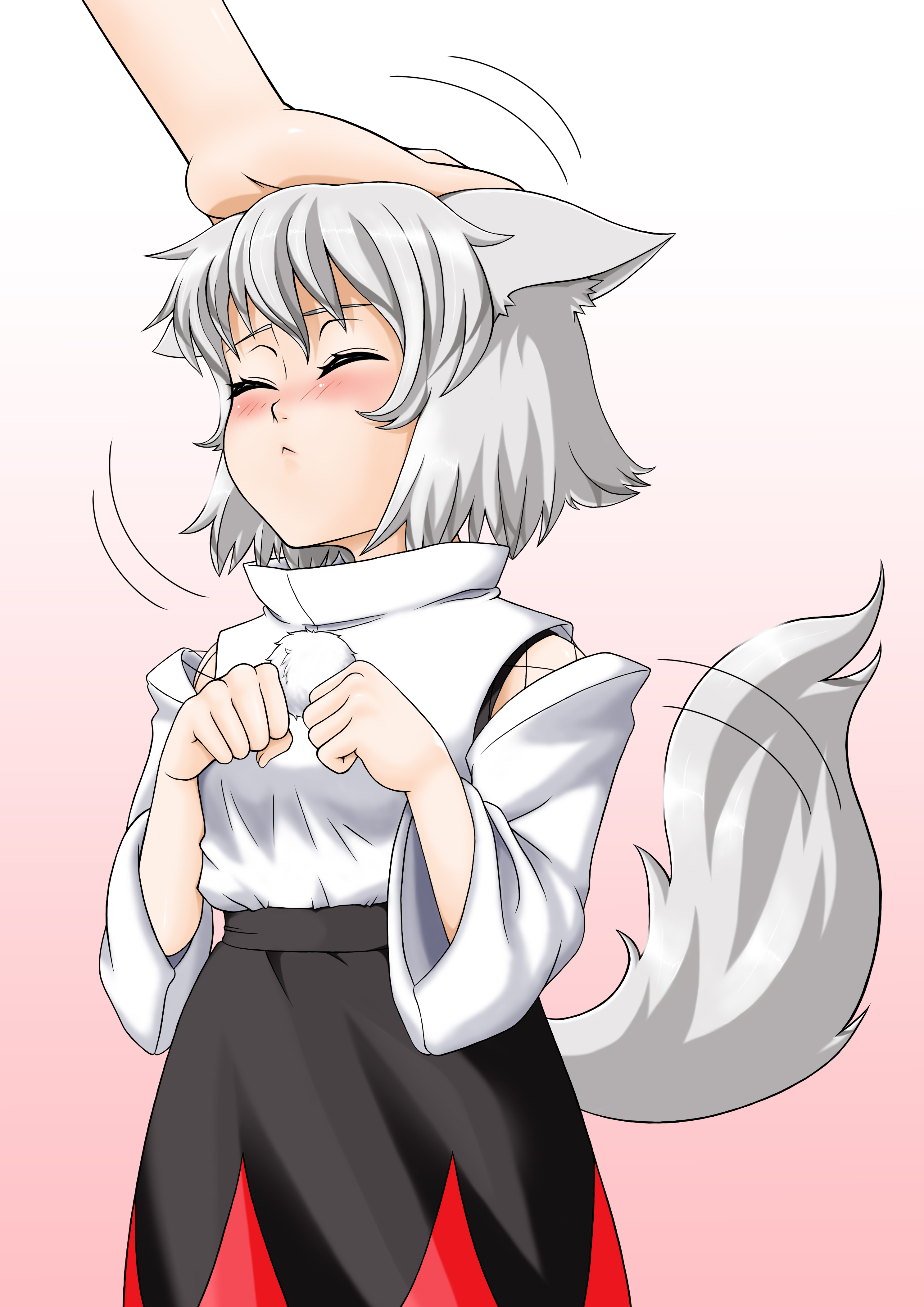 shishou (absolute area), inubashiri momiji, touhou, absurdres, highres, 1girl, animal ears, blush, closed eyes, detached sleeves, female focus, head pat, headpat, short hair, solo focus, tail, white hair, wolf ears, wolf tail