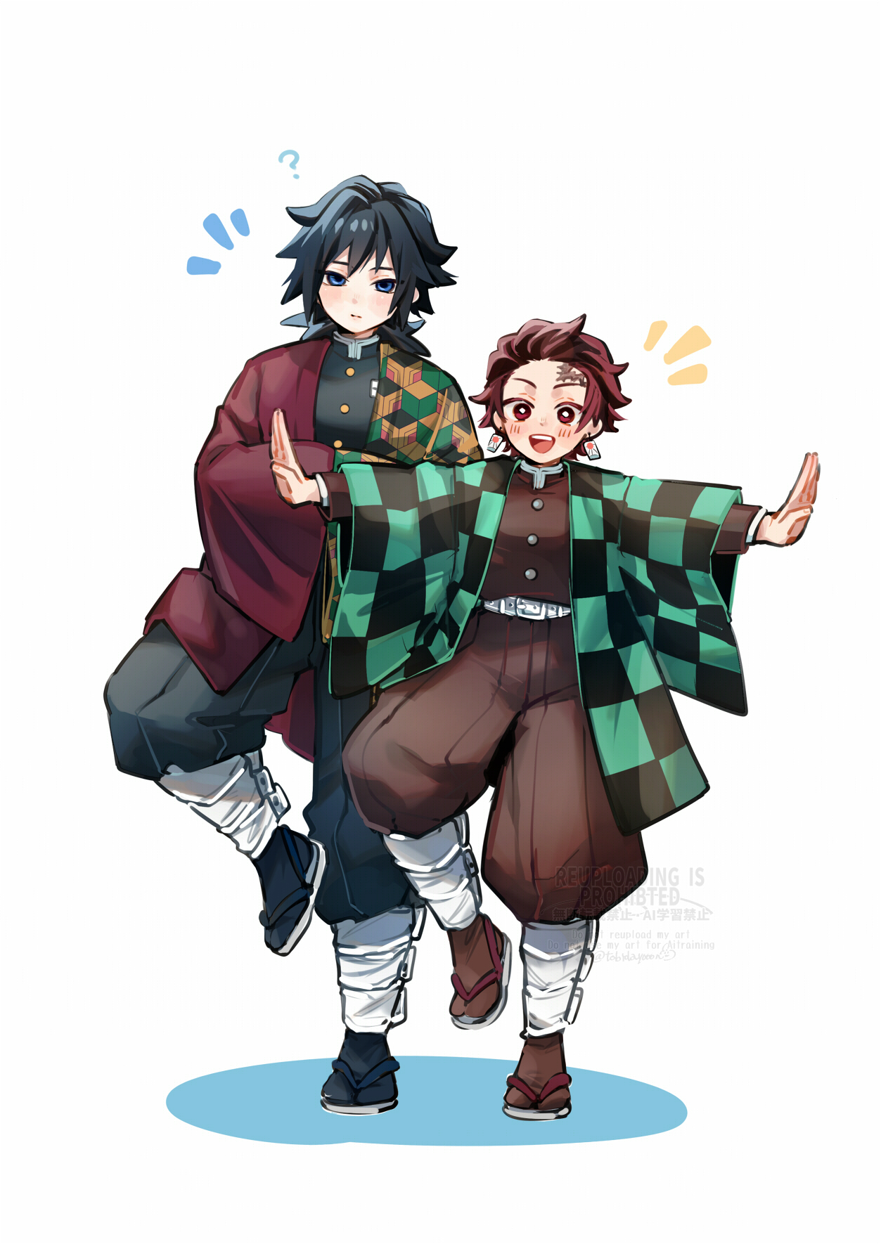 tobidayooon, kamado tanjirou, tomioka giyuu, kimetsu no yaiba, highres, 2boys, ?, black hair, black jacket, black socks, blue eyes, bright pupils, brown hair, buttons, checkered haori, demon slayer uniform, earrings, empty eyes, full body, gold buttons, hanafuda earrings, haori, high collar, jacket, japanese clothes, jewelry, kikkoumon, long hair, low ponytail, male focus, multiple boys, open mouth, outstretched arms, ponytail, print haori, red eyes, red haori, sandals, shadow, simple background, smile, socks, spiked hair, standing, standing on one leg, white background, white pupils