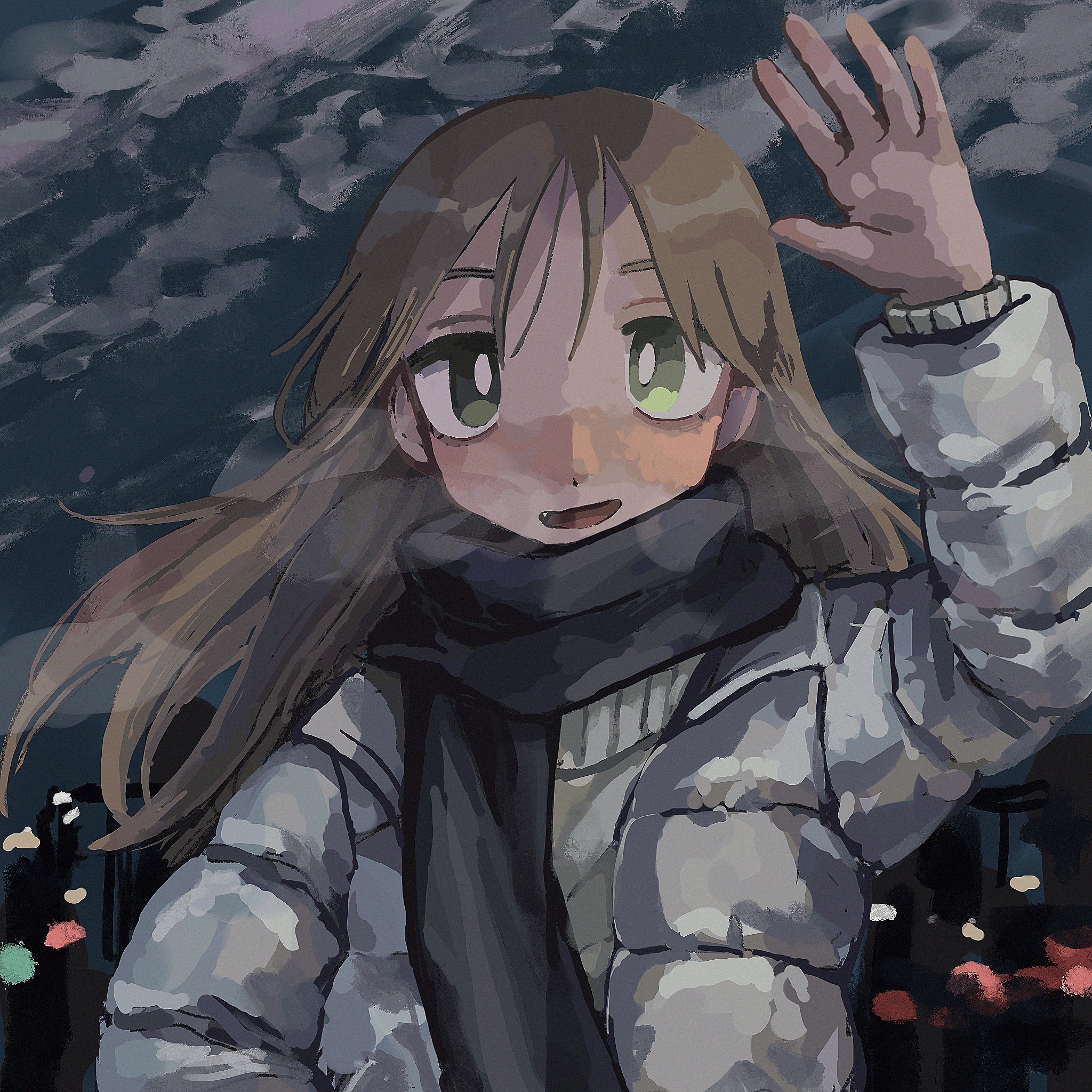 sionsakana, original, highres, 1girl, black scarf, blonde hair, breath, bright pupils, city lights, down jacket, fang, green eyes, jacket, long hair, looking at viewer, night, open clothes, open jacket, outdoors, padded jacket, scarf, smile, solo, sweater, upper body, waving, white pupils, winter, winter clothes