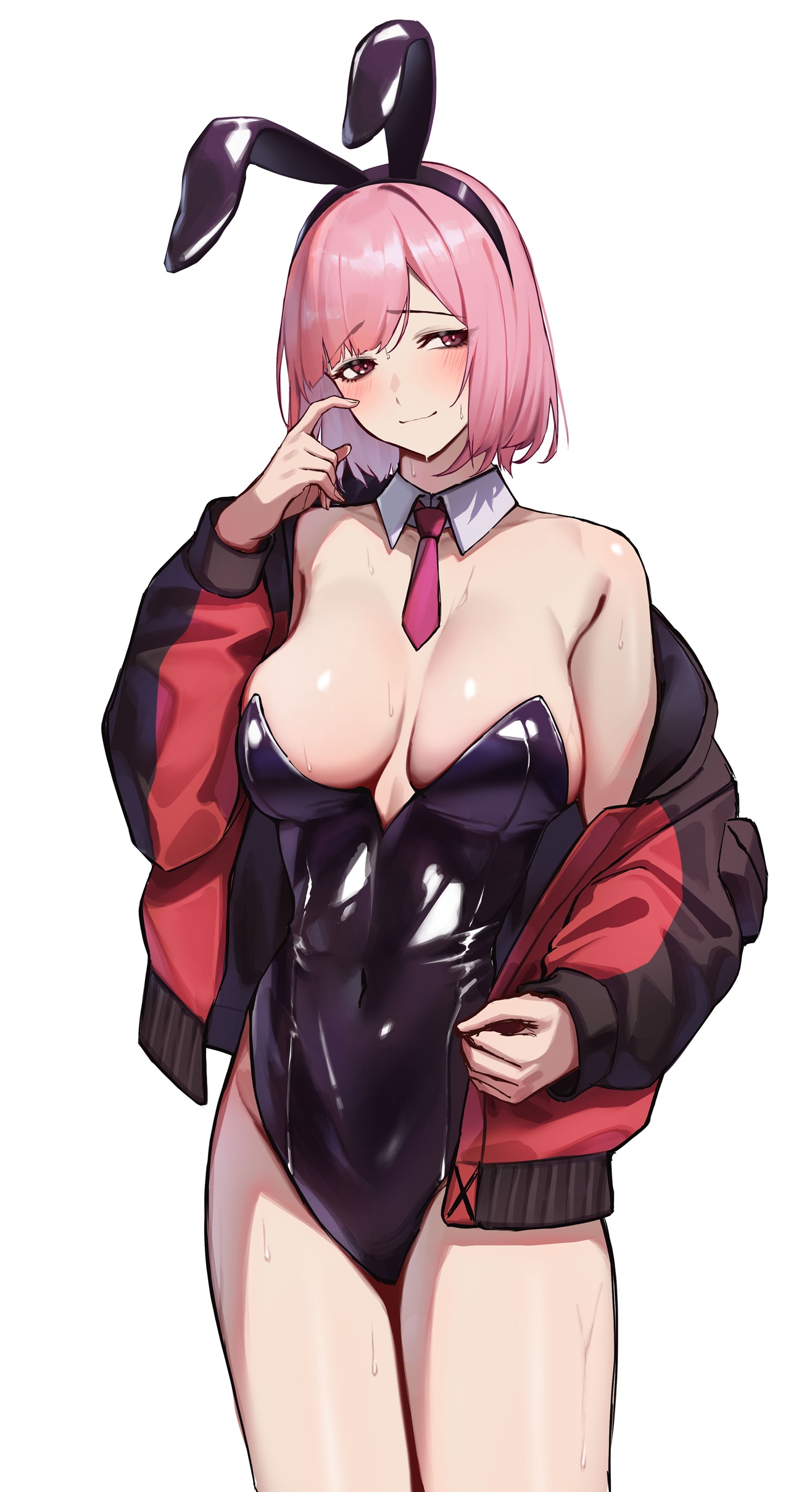 3 small spiders, female commander (girls' frontline), girls' frontline, girls' frontline 2: exilium, absurdres, commentary request, highres, 1girl, animal ear hairband, animal ears, black jacket, black leotard, blush, breasts, breasts apart, closed mouth, cowboy shot, detached collar, fake animal ears, hairband, jacket, leotard, looking at viewer, multicolored jacket, necktie, open clothes, open jacket, pink hair, pink necktie, playboy bunny, rabbit ear hairband, rabbit ears, red eyes, red jacket, short hair, short necktie, simple background, smile, solo, strapless, strapless leotard, sweat, two-tone jacket, white background