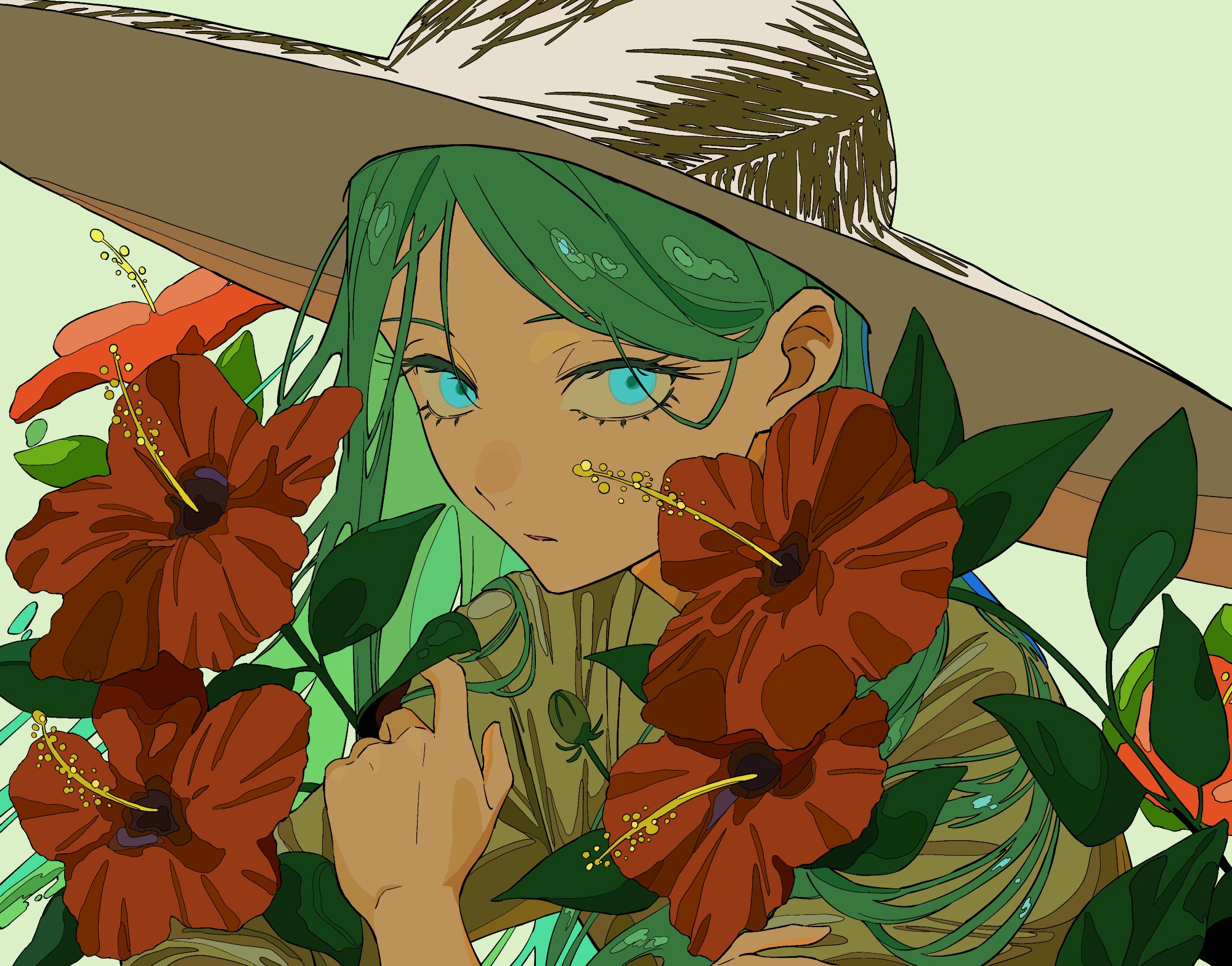 tsukii (t s u k i i), original, highres, 1girl, blue eyes, blue hair, eyelashes, flower, green background, green hair, green shirt, hair behind ear, hat, hibiscus, long hair, looking at viewer, multicolored hair, parted lips, red flower, shirt, simple background, solo, streaked hair, sun hat, upper body