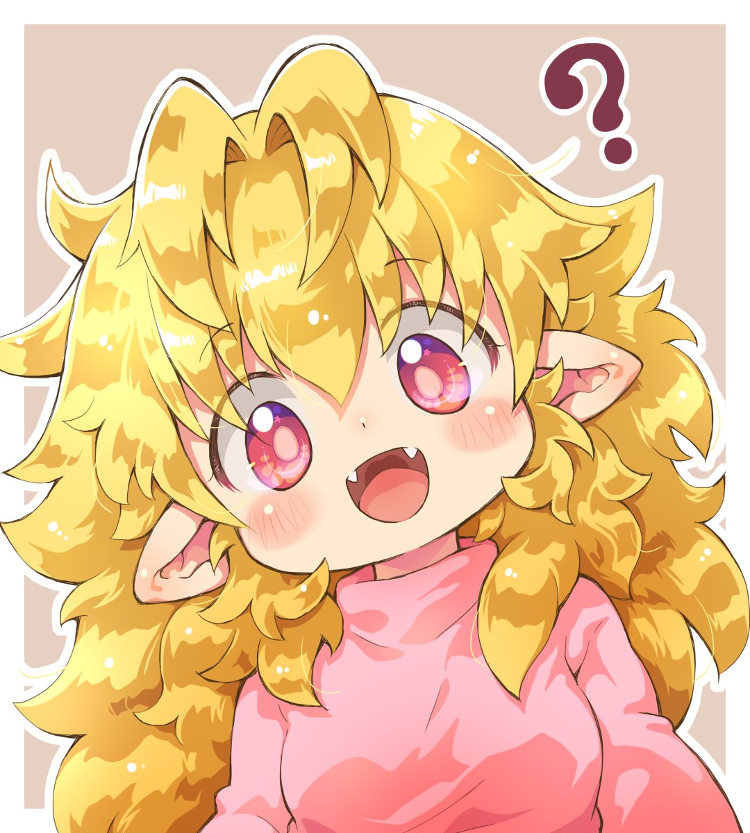 sakurabe notos, original, commentary request, highres, 1girl, :d, ?, antenna hair, blonde hair, border, brown background, fangs, head tilt, long hair, long sleeves, looking at viewer, open mouth, outline, pink eyes, pink sweater, pointy ears, smile, solo, sweater, turtleneck, turtleneck sweater, upper body, white border, white outline