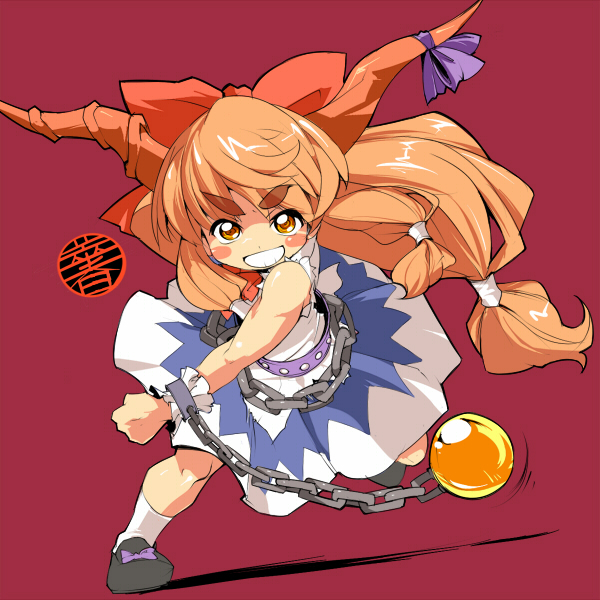 ario, ibuki suika, touhou, eyebrows, 1girl, bow, chain, female focus, full body, grin, hair bow, horns, long hair, muscular, muscular child, orange hair, running, simple background, smile, solo, yellow eyes