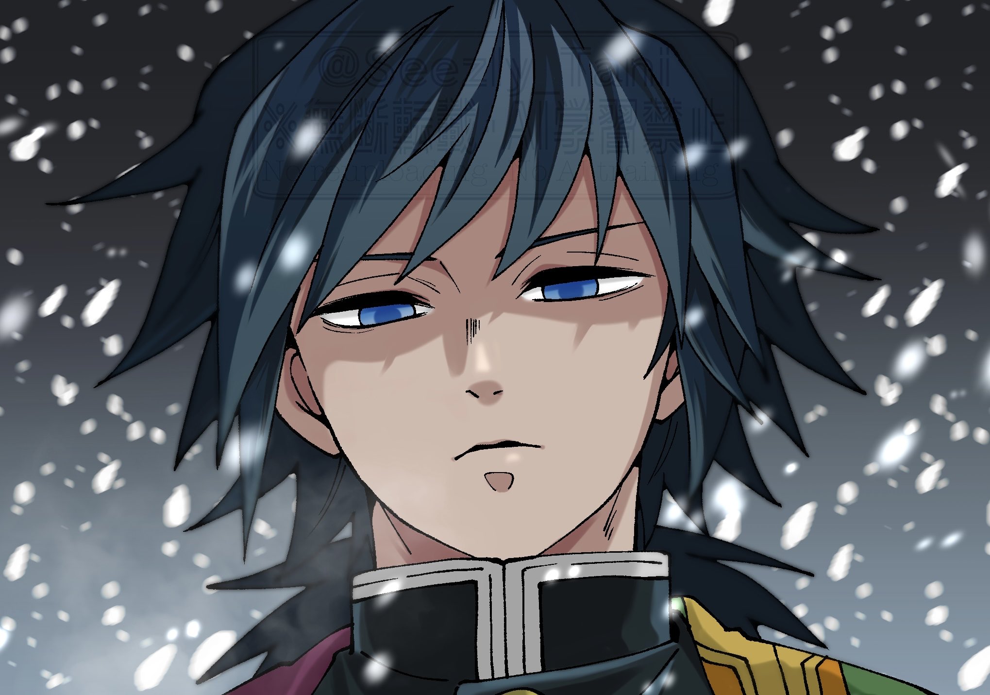 seezly tani, tomioka giyuu, kimetsu no yaiba, highres, 1boy, black hair, black jacket, blue eyes, buttons, closed mouth, demon slayer uniform, gold buttons, gradient background, grey background, half-closed eyes, haori, high collar, jacket, japanese clothes, kikkoumon, long hair, looking at viewer, low ponytail, male focus, ponytail, print haori, red haori, snow, solo, spiked hair, upper body