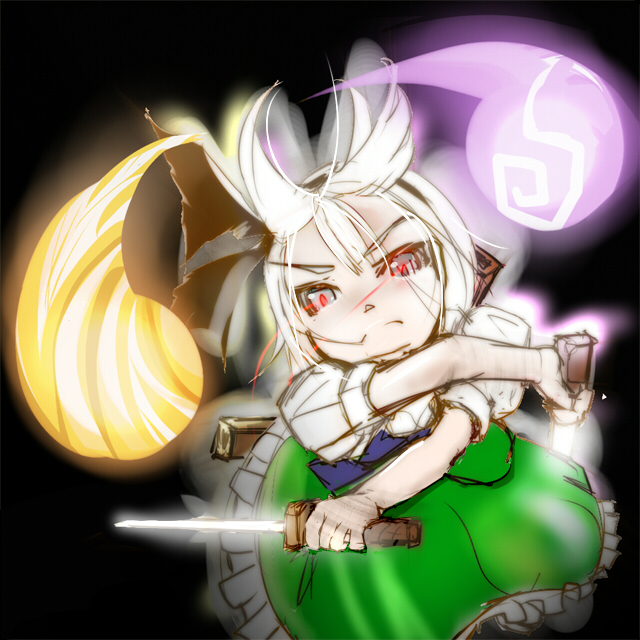 acid-230, acid (pixiv5919), konpaku youmu, konpaku youmu (ghost), touhou, silver hair, 1girl, dual wielding, female focus, ghost, hairband, hitodama, holding, katana, short hair, solo, sword, weapon