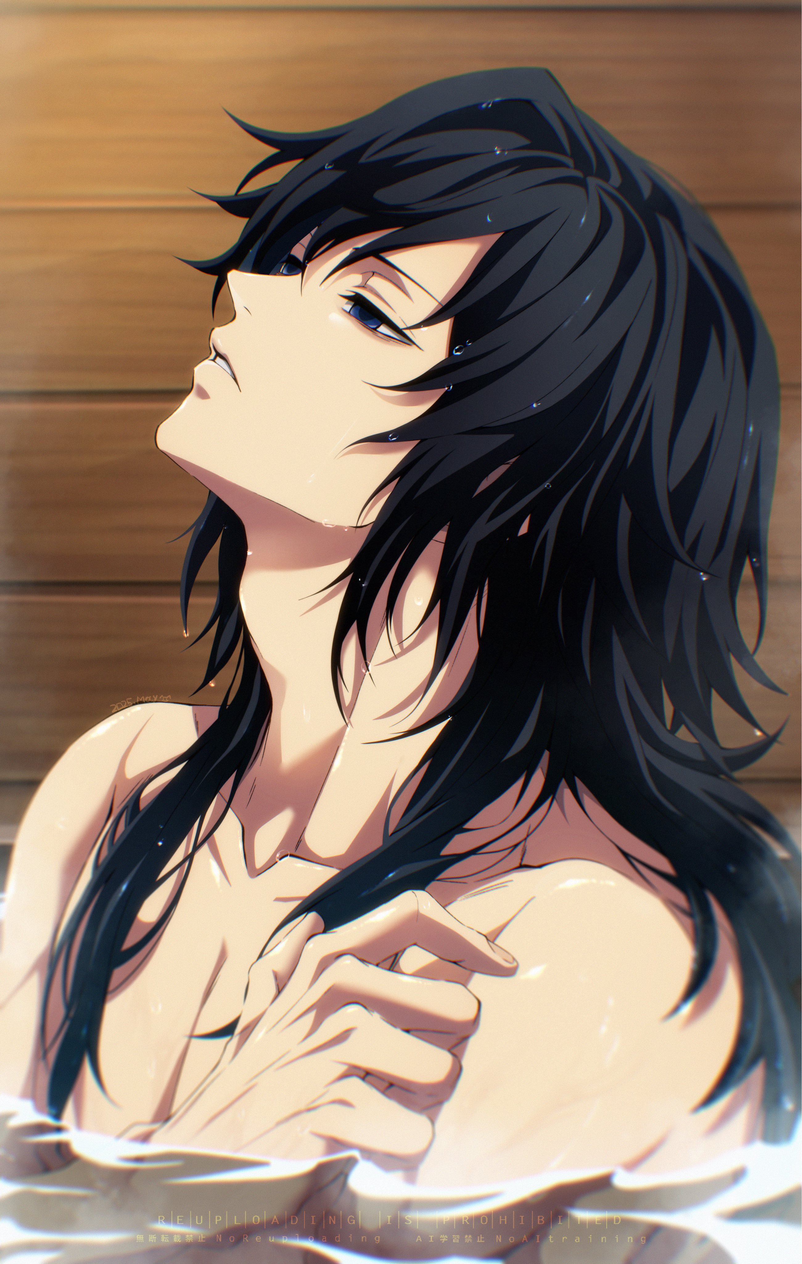 may (illust man 2020), tomioka giyuu, kimetsu no yaiba, absurdres, highres, 1boy, bathing, black hair, blue eyes, collarbone, empty eyes, half-closed eyes, hand up, head back, indoors, long hair, long sidelocks, male focus, parted lips, pectorals, sidelocks, solo, teeth, toned, toned male, topless male, upper body