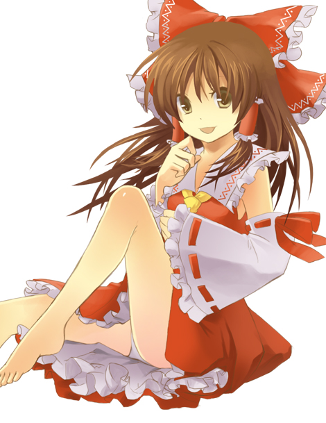shiramori yuse, hakurei reimu, touhou, bad id, bad pixiv id, 1girl, barefoot, brown hair, detached sleeves, feet, female focus, japanese clothes, miko, solo, yellow eyes