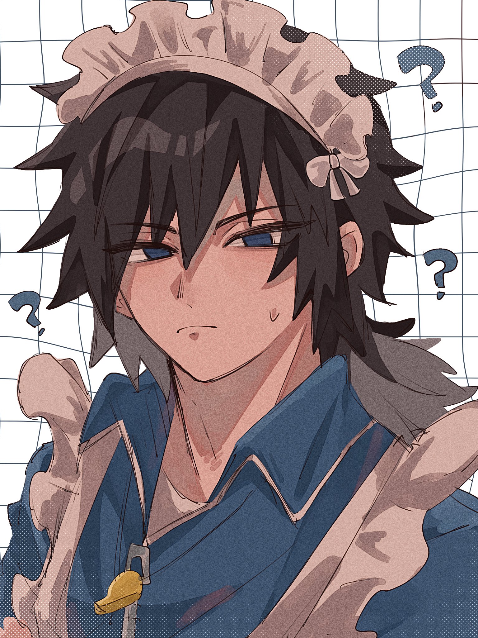 tomioka giyuu, kimetsu no yaiba, highres, 1boy, ?, alternate costume, apron, black hair, blue jacket, closed mouth, empty eyes, hair between eyes, jacket, kamaboooco, looking at viewer, low ponytail, maid headdress, male focus, ponytail, solo, sweatdrop, upper body, whistle, whistle around neck, white apron, white background, white headdress
