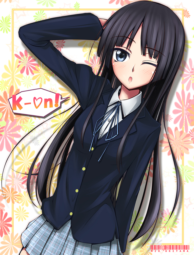 jennifer yamada, akiyama mio, k-on!, 00s, 1girl, black hair, blue eyes, blunt bangs, blush, female focus, heart, hime cut, long hair, one eye closed, plaid clothes, plaid skirt, school uniform, skirt, solo, very long hair, wink