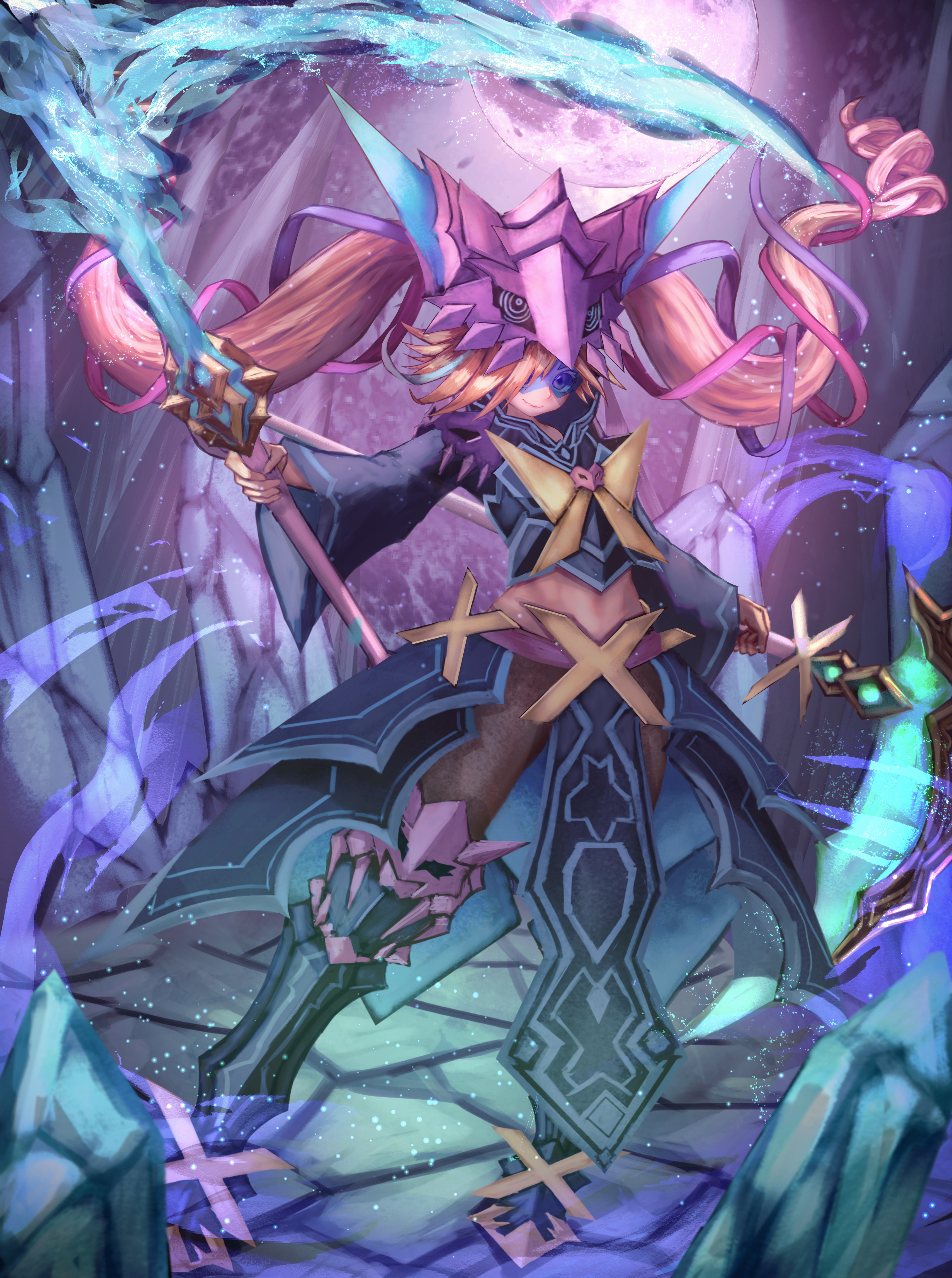 haikei (le gris no9), eldora (wixoss), wixoss, absurdres, highres, 1girl, black boots, black jacket, black pantyhose, black skirt, boots, brown hair, closed mouth, hair over one eye, holding, holding sack, jacket, long hair, looking at viewer, pantyhose, sack, skirt, smile, solo, twintails, very long hair