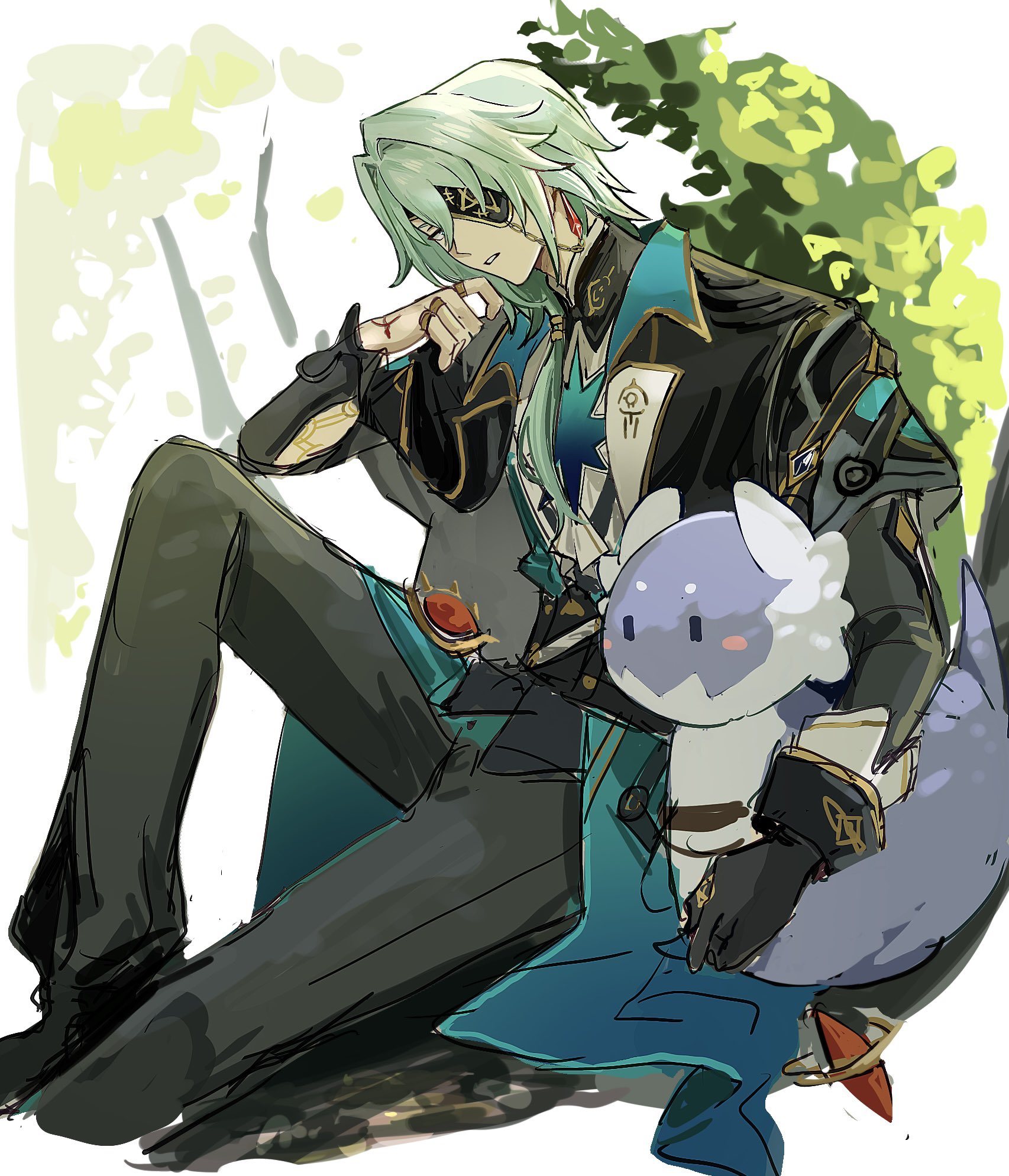 anaxa (honkai: star rail), honkai: star rail, honkai (series), highres, 1boy, aqua hair, ascot, black corset, black gloves, black jacket, black pants, chain, corset, earrings, eyepatch, gem, gloves, hair between eyes, hair intakes, hand up, jacket, jewelry, lapels, male focus, mandarin collar, medium hair, multiple rings, notched lapels, one eye covered, pants, parted lips, red gemstone, ring, shirt, side ponytail, single earring, sitting, solo, umm234414016473, white ascot, white shirt