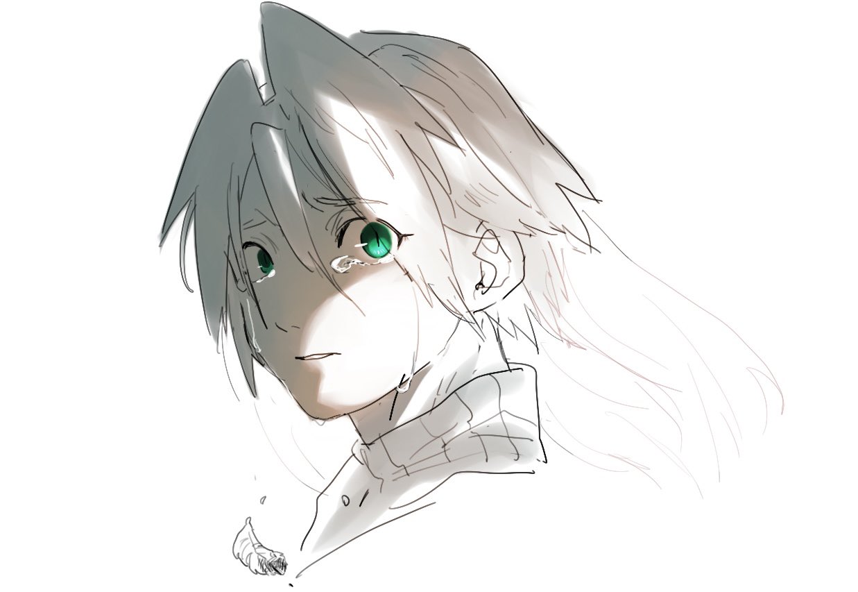 hattouissenbaka, sephiroth, sephiroth (ever crisis), final fantasy, final fantasy vii, final fantasy vii ever crisis, 1boy, cropped shoulders, crying, falling feathers, feathers, furrowed brow, green eyes, greyscale, male focus, monochrome, parted bangs, parted lips, sad, sketch, slit pupils, solo, spot color, sweater, turtleneck, turtleneck sweater, upper body, white background