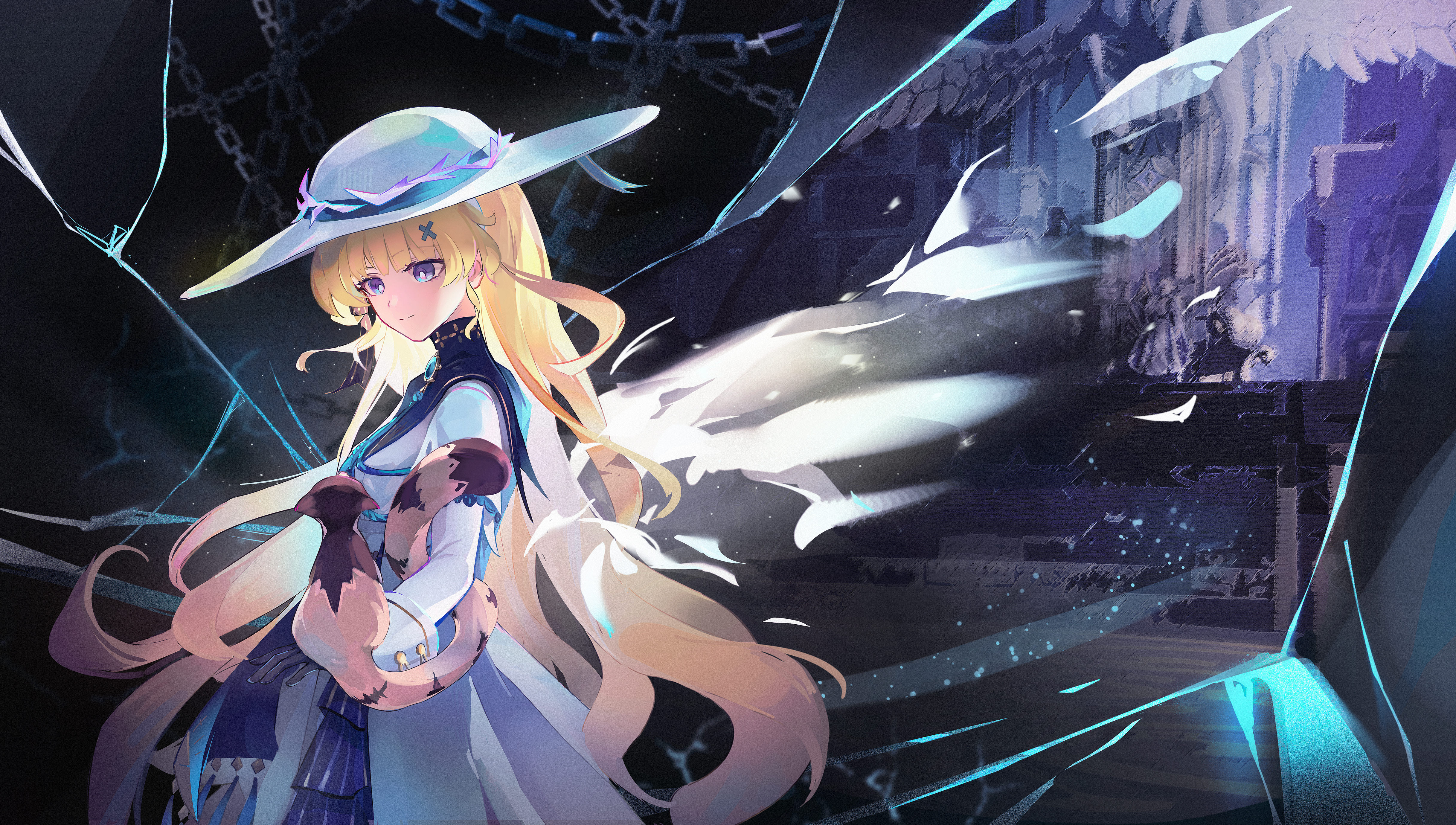 huqu (huqu45712), phoebe (wuthering waves), wuthering waves, absurdres, commentary request, highres, 1girl, animal, black gloves, blonde hair, blurry, blurry background, brooch, casting spell, cat, chain, dress, energy wings, from side, gloves, hat, holding, holding animal, holding cat, jewelry, large hat, long hair, looking at animal, looking to the side, magic, orange cat, purple eyes, smile, solo, statue, tacet mark (wuthering waves), upper body, very long hair, white dress, white hat, white wings, wings