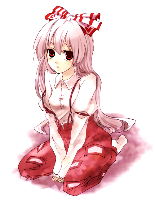 louol, matsuda (louol), fujiwara no mokou, touhou, bad id, bad pixiv id, 1girl, female focus, kneeling, long hair, red eyes, solo