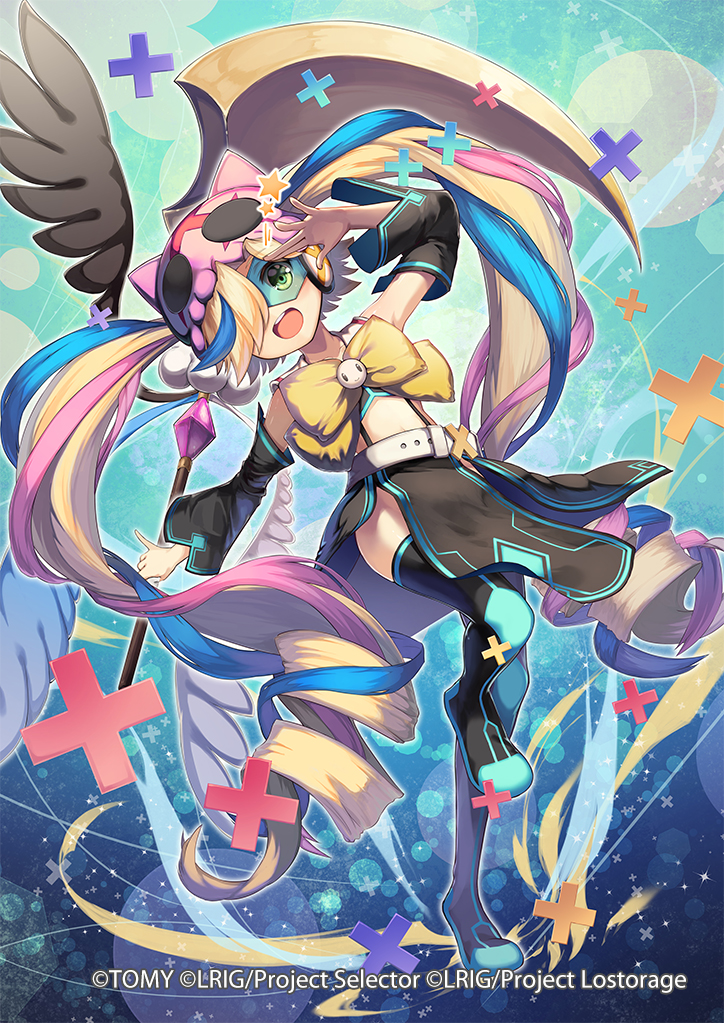 takanori yamada, eldora (wixoss), wixoss, official art, 1girl, black boots, black skirt, black sleeves, black thighhighs, blonde hair, blue hair, boots, copyright notice, detached sleeves, drill hair, hair over one eye, holding, holding wand, long hair, looking at viewer, multicolored hair, pink hair, skirt, smile, solo, streaked hair, thighhighs, twin drills, very long hair, wand, yellow eyes