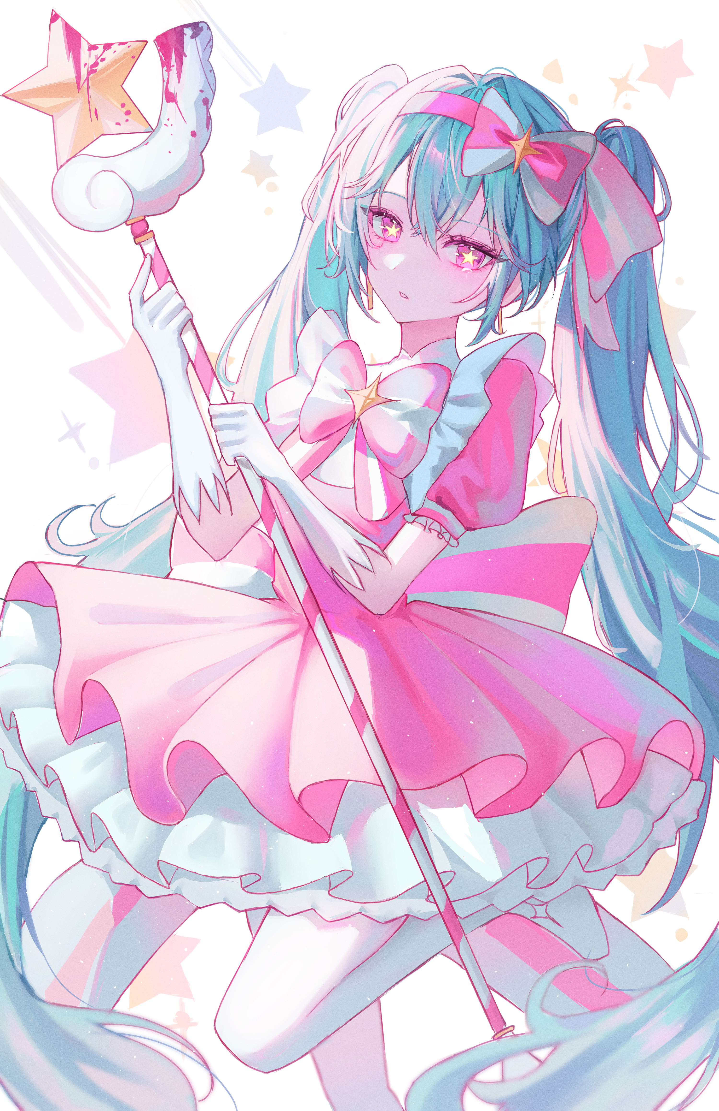hatsune miku, vocaloid, absurdres, commentary, highres, 1girl, aqua hair, blood, blood on object, boots, bow, double-parted bangs, dress, gloves, hair between eyes, hair bow, hair ribbon, hairband, holding, holding staff, ima sugu rinne (vocaloid), leg up, long hair, looking at viewer, magical girl, pink dress, pink eyes, pink hairband, puffy short sleeves, puffy sleeves, ribbon, short sleeves, staff, standing, standing on one leg, star-shaped pupils, star (symbol), symbol-shaped pupils, tsuyu810, twintails, very long hair, white boots, white gloves