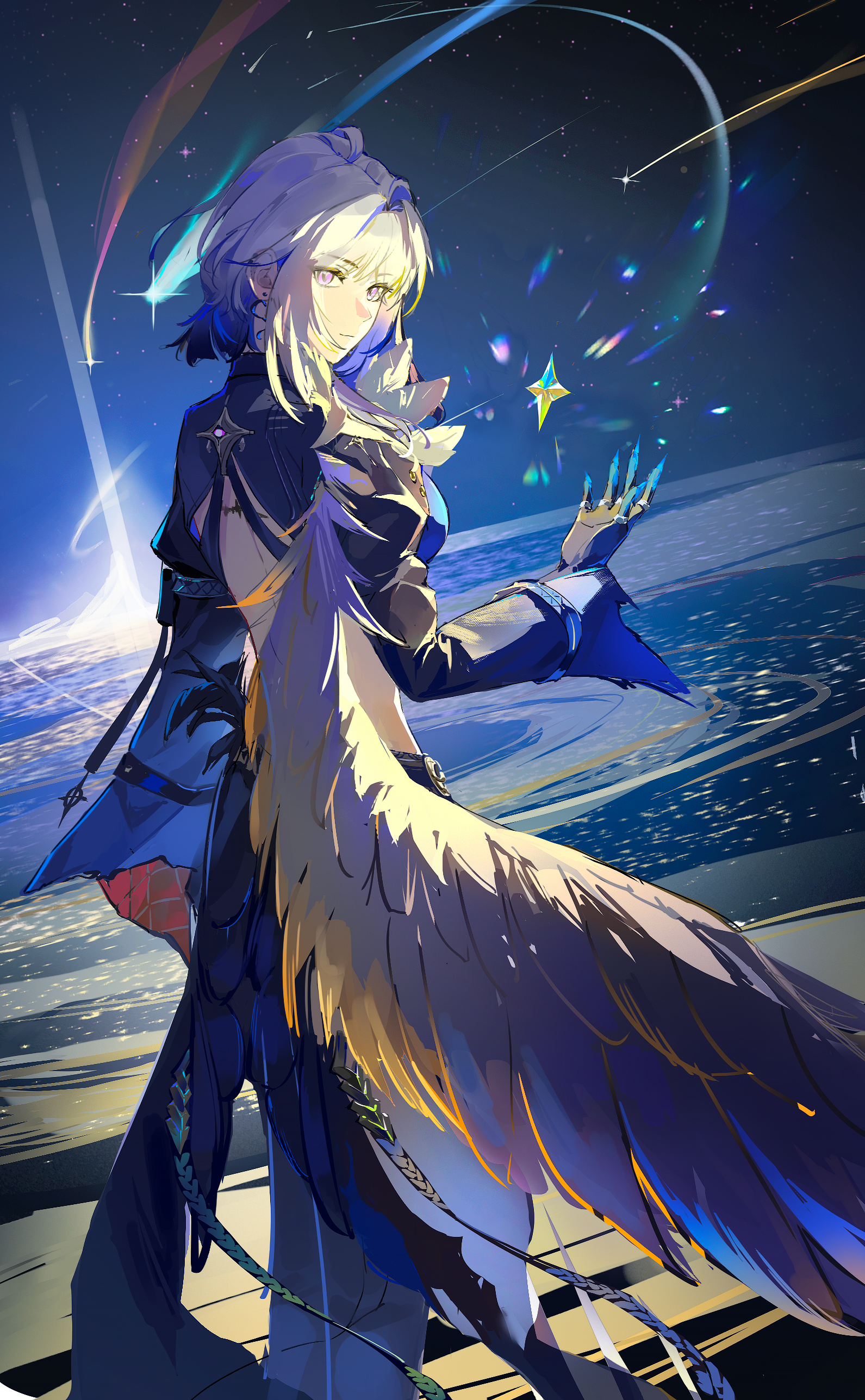 huqu (huqu45712), galbrena (wuthering waves), wuthering waves, absurdres, chinese commentary, commentary request, highres, 1girl, back, black jacket, black wings, blue bra, blue hair, bra, breasts, closed mouth, feathered wings, from behind, hand up, jacket, long sleeves, looking at viewer, looking to the side, medium breasts, medium hair, outdoors, purple eyes, shooting star, sidelocks, single wing, solo, standing, tacet mark (wuthering waves), underwear, wings