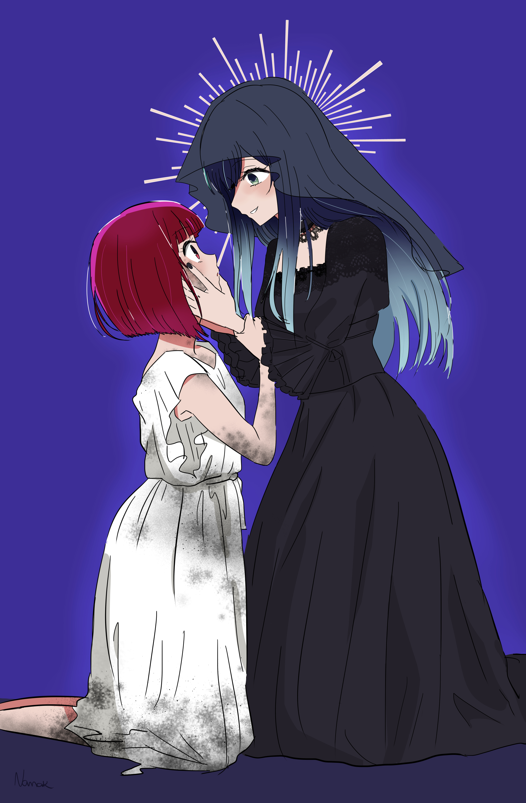 nana (7kah), arima kana, kurokawa akane, oshi no ko, absurdres, commentary, english commentary, highres, 2girls, black dress, black nails, blue eyes, blue hair, bob cut, dirty, dirty clothes, dress, gradient hair, hand on another's chin, inverted bob, long hair, multicolored hair, multiple girls, open mouth, red eyes, red hair, short hair, short sleeves, veil, white background, yuri