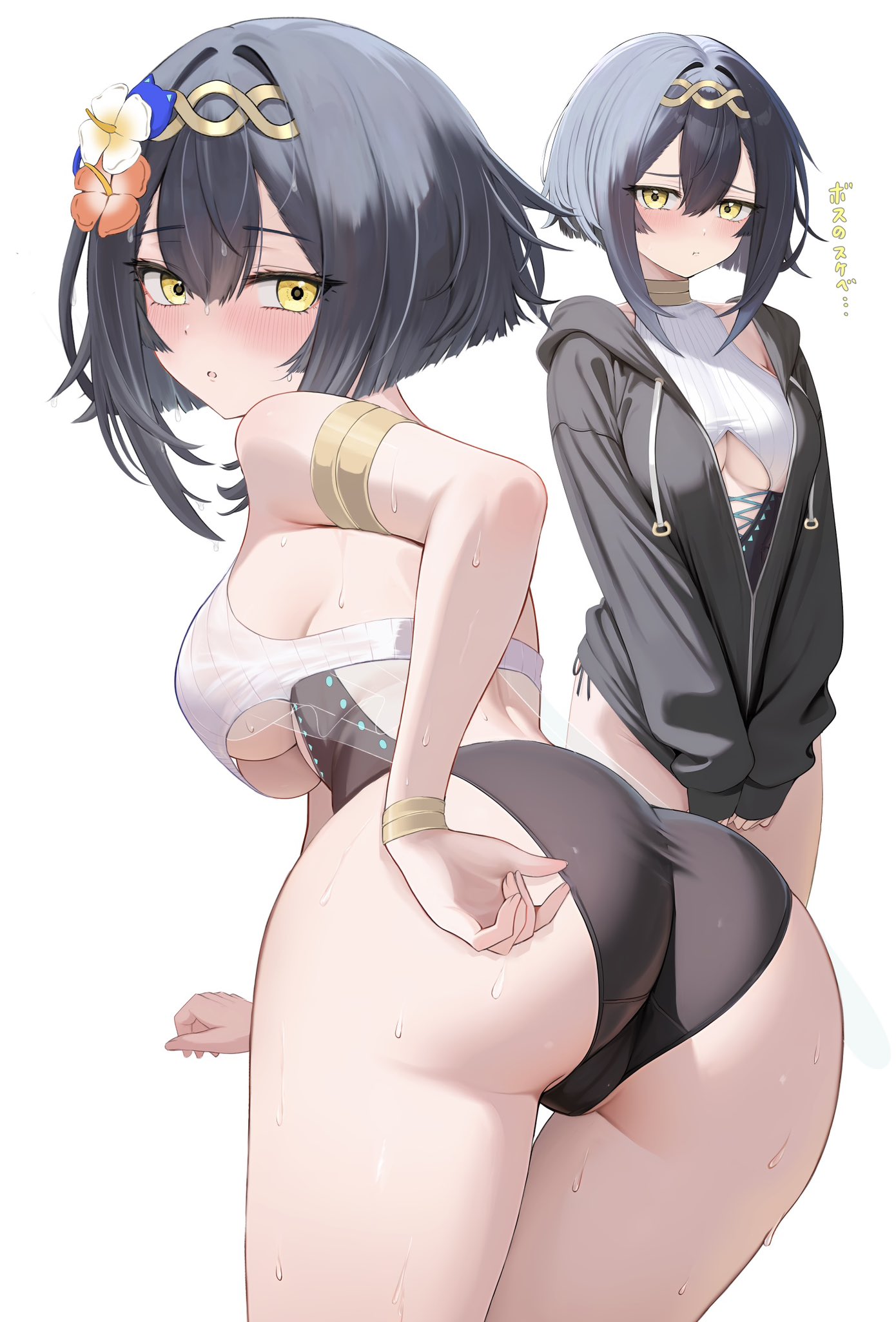 ryouta (ryouta335), amber (stella sora), stella sora, commentary, highres, translated, 1girl, adjusting clothes, adjusting swimsuit, armlet, ass, black hair, black hoodie, black one-piece swimsuit, blush, bracelet, breasts, cleavage, clothing cutout, flower, hair flower, hair intakes, hair ornament, halterneck, headpiece, hood, hoodie, jewelry, large breasts, looking at viewer, medium hair, multiple views, official alternate costume, one-piece swimsuit, parted lips, partially unzipped, swimsuit, thigh gap, thighs, two-tone one-piece swimsuit, underboob, underboob cutout, wet, white one-piece swimsuit, yellow eyes