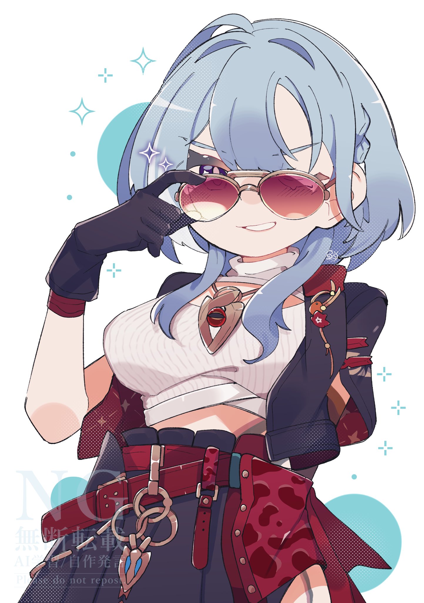 uouomon0808, griseo, griseo (cosmic expression), griseo (gokudo brushstrokes), honkai (series), honkai impact 3rd, commentary request, highres, 1girl, adjusting eyewear, black gloves, black jacket, black shorts, blue hair, breasts, crop top, gloves, jacket, jewelry, large breasts, looking at viewer, necklace, official alternate costume, purple eyes, short hair, shorts, smile, solo, sunglasses, white background