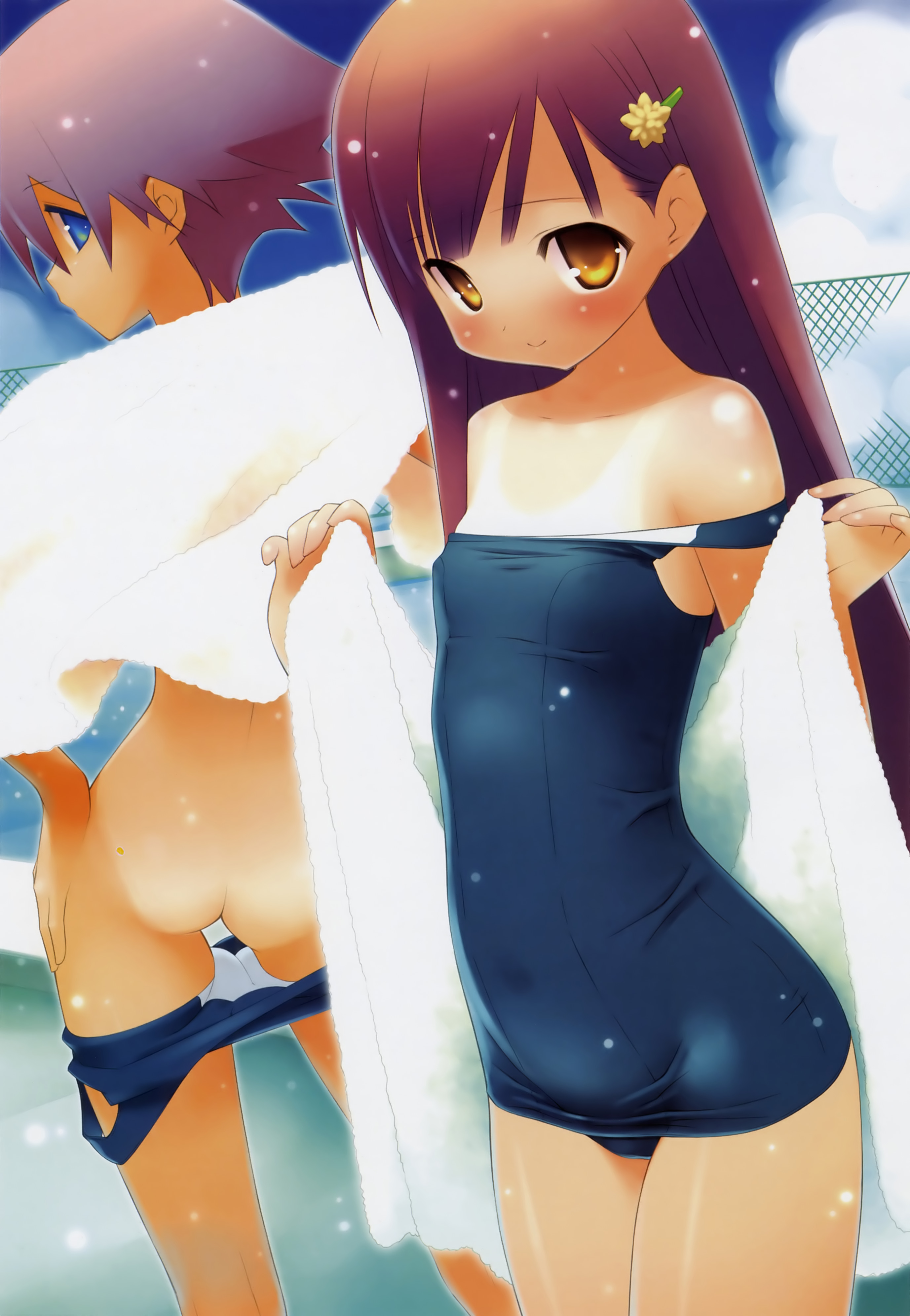 gayarou, absurdres, highres, 2girls, ass, blue eyes, blue one-piece swimsuit, blush, brown eyes, brown hair, chain-link fence, cloud, collarbone, fence, flat chest, from behind, grey hair, hair ornament, hairclip, hand on own hip, loli, long hair, looking at viewer, looking back, multiple girls, nude, one-piece swimsuit, one-piece tan, school swimsuit, short hair, sky, smile, standing, swimsuit, tan, tanline, towel, undressing