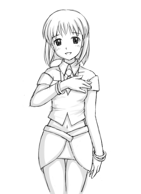 alice (artist), hagiwara yukiho, idolmaster, idolmaster (classic), 00s, 1girl, bracelet, cool & sexy (idolmaster), female focus, greyscale, jewelry, midriff, monochrome, necktie, short hair, simple background, skirt, smile, solo, white background