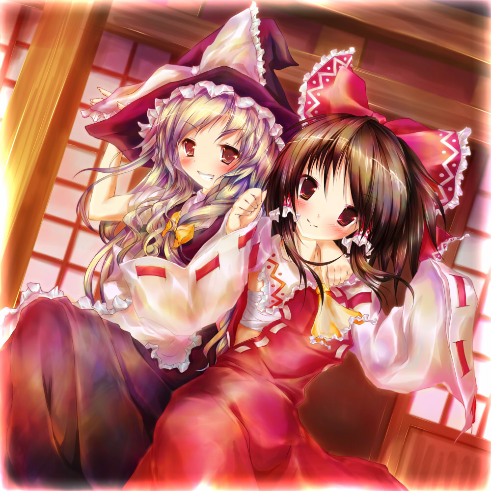 nironiro, hakurei reimu, kirisame marisa, touhou, bad id, bad pixiv id, 2girls, arm around neck, blonde hair, blush, border, bow, braid, brown hair, detached sleeves, dutch angle, fading border, female focus, friends, grin, hair bow, hand on headwear, hat, japanese clothes, miko, multiple girls, red eyes, sarashi, sitting, smile, veranda, wavy hair, witch, witch hat, yellow eyes