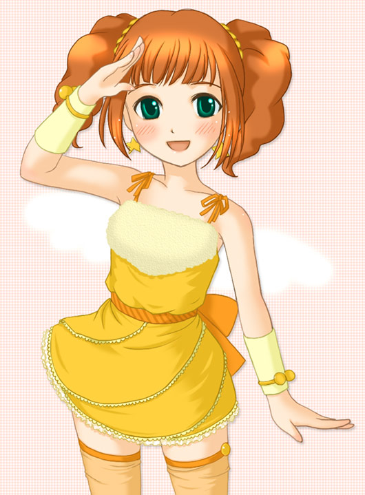 alice (artist), takatsuki yayoi, idolmaster, idolmaster (classic), 00s, 1girl, bare shoulders, cute & girly (idolmaster), dress, female focus, green eyes, mini morning (idolmaster), red hair, salute, short hair, solo, thighhighs, twintails, zettai ryouiki