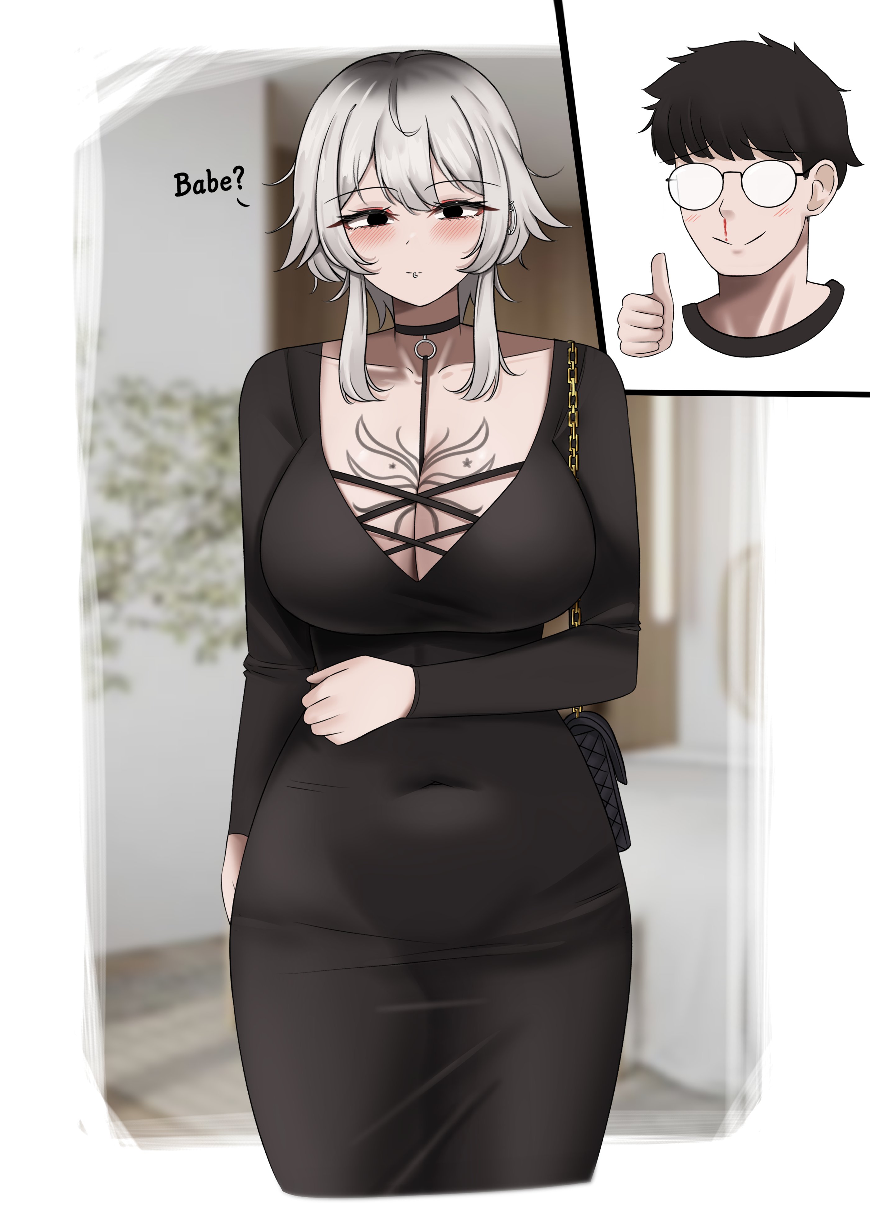 yukaraishin, jyuri (shouz), original, absurdres, commentary, english commentary, highres, 1boy, 1girl, bag, black bag, black choker, black dress, black eyes, black hair, blush, border, borrowed character, breast tattoo, breasts, choker, closed mouth, collarbone, covered navel, cropped legs, double-parted bangs, dress, face piercing, glasses, grey hair, labret piercing, large breasts, long sleeves, looking at viewer, medium hair, no pupils, outside border, pencil dress, piercing, short hair, shoulder bag, sidelocks, smile, tattoo, taut clothes, taut dress, thumbs up, white border