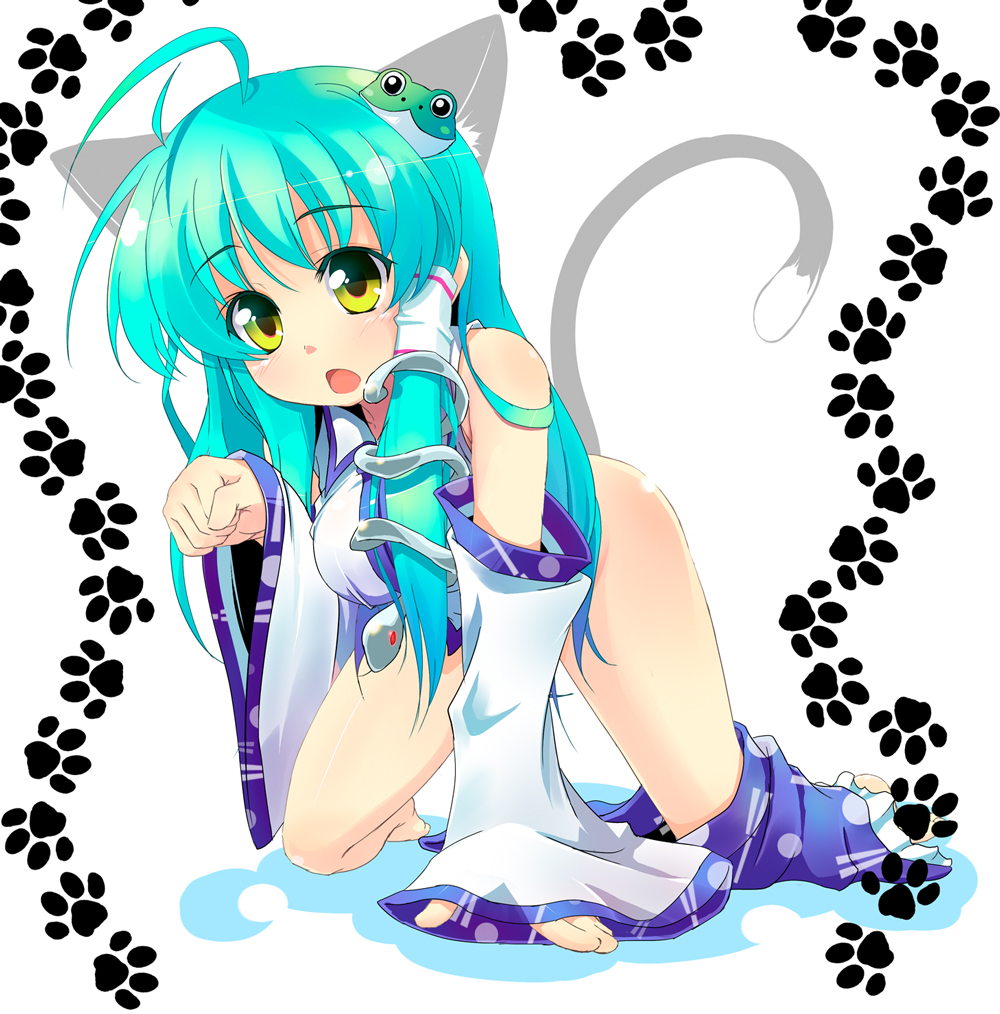 sw (taco), kochiya sanae, touhou, 1girl, all fours, animal ears, aqua hair, barefoot, blue hair, blush, body blush, bottomless, cat ears, cat girl, cat tail, clenched hand, detached sleeves, female focus, frog, gradient hair, green hair, hair ornament, kemonomimi mode, multicolored hair, open mouth, paw pose, paw print, snake, solo, tail, yellow eyes