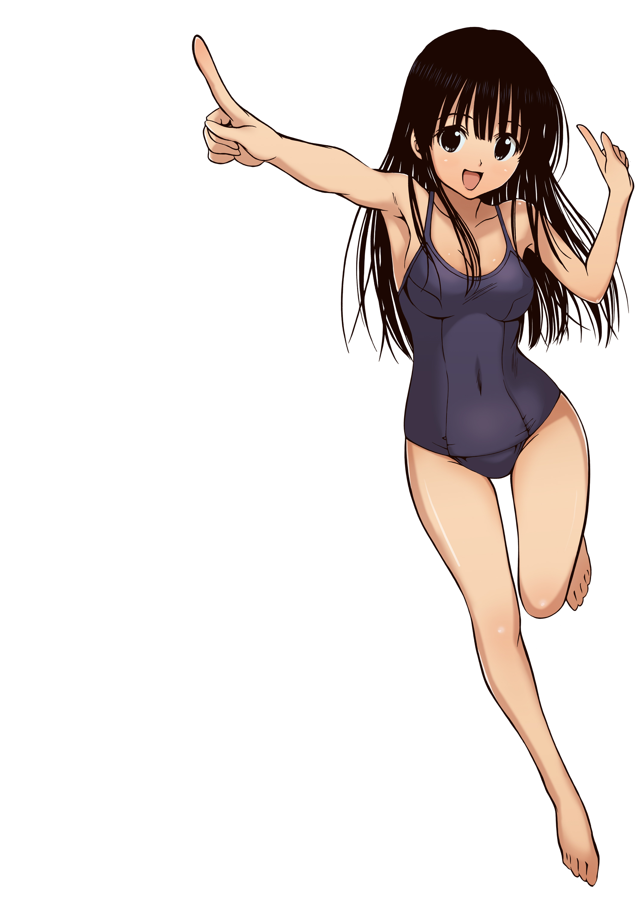 murasame oshizu, to love-ru, absurdres, colorized, derivative work, highres, non-web source, vector trace, 00s, 1girl, armpits, barefoot, black eyes, black hair, female focus, foreshortening, full body, long hair, one-piece swimsuit, pointing, school swimsuit, simple background, solo, swimsuit, white background