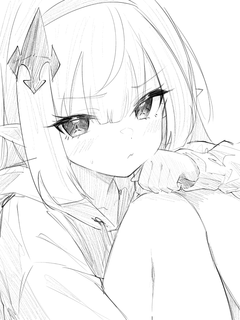 tyrant (stella sora), stella sora, 1girl, blush, closed mouth, greyscale, hair ornament, hairband, hood, hood down, hoodie, knees up, koko (user hktv5235), long hair, long sleeves, looking at viewer, monochrome, pointy ears, simple background, solo, white background