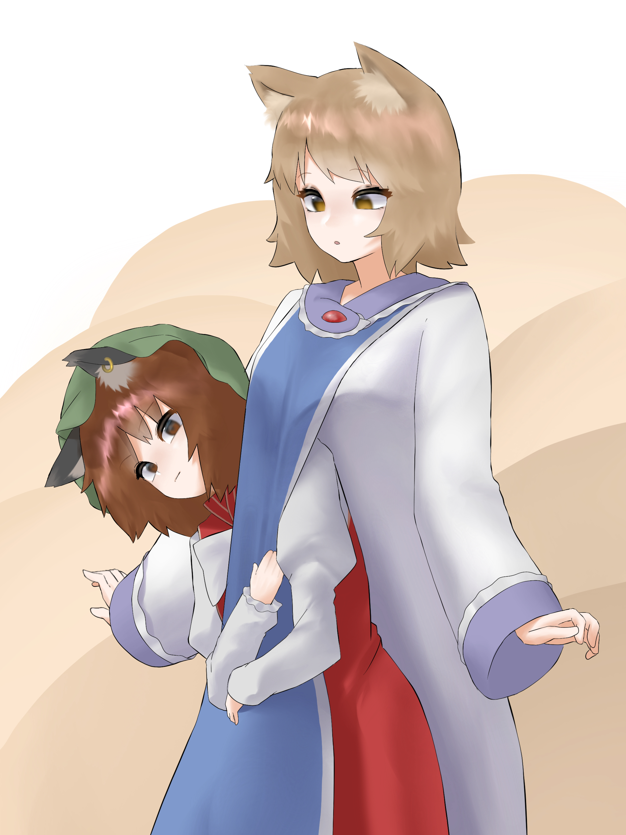 mori dobonua (mordvna), chen, yakumo ran, touhou, absurdres, commentary, highres, 2girls, :o, :|, animal ear fluff, animal earrings, animal ears, blonde hair, blue tabard, brown hair, cat ears, closed mouth, dress, fox ears, fox tail, green hat, hat, head tilt, hugging clothes, juliet sleeves, kitsune, kyuubi, long sleeves, looking at another, looking at viewer, mob cap, multiple girls, multiple tails, no headwear, no tail, orange dress, puffy sleeves, shirt, short hair, tabard, tail, white dress, white shirt