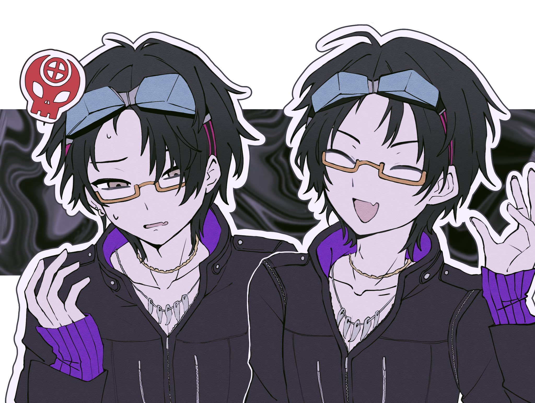 sha-ming, gnosia, commentary request, highres, 1boy, black hair, black jacket, chain, chain necklace, closed eyes, collarbone, dual persona, fang, glasses, goggles, goggles on head, hand up, hjm gn, jacket, jewelry, long sleeves, looking at viewer, male focus, necklace, open mouth, outline, parted bangs, purple sweater, semi-rimless eyewear, shirt, short hair, skin fang, smile, solo, sweat, sweater, tooth necklace, upper body, white outline, white shirt, zipper