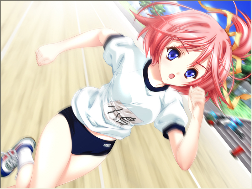sakashita fubuki, amano kotori, custard (company), kokoro hokenshitsu, game cg, 1girl, blue eyes, buruma, day, dutch angle, female focus, gym uniform, hair ribbon, midriff, motion blur, motion lines, name tag, navel, open mouth, outdoors, pink hair, ponytail, red hair, ribbon, running, shoes, short hair, side ponytail, sneakers, socks, solo, speed lines, stairs, thighs