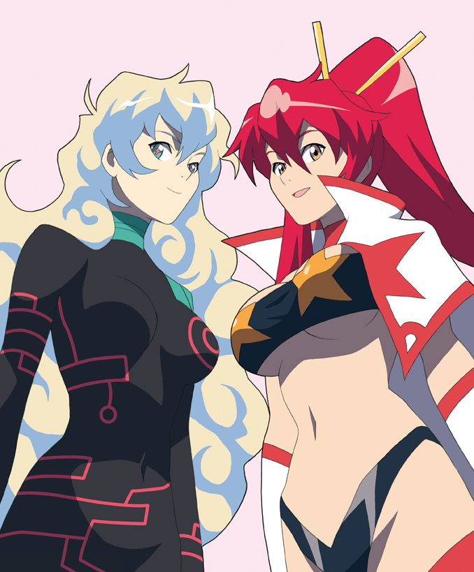 ranmaru, antispiral nia, nia teppelin, space yoko, yoko littner, tengen toppa gurren lagann, tengen toppa gurren lagann: lagann-hen, + +, 00s, 2girls, bandeau, bikini, blonde hair, blue eyes, blue hair, bodysuit, breasts, brown eyes, cape, chopsticks, cross-shaped pupils, curly hair, large breasts, long hair, multicolored hair, multiple girls, navel, neon trim, open mouth, perky breasts, ponytail, red hair, simple background, skin tight, smile, star (symbol), strapless, swimsuit, symbol-shaped pupils, thong bikini, tongue, tube top, two-tone hair, underboob, very long hair, yellow eyes