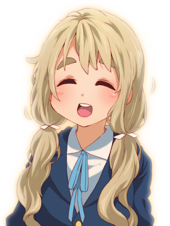 takanashi ringo, kotobuki tsumugi, k-on!, eyebrows, 00s, 1girl, aged down, alternate hairstyle, blonde hair, closed eyes, female focus, happy, laughing, long hair, open mouth, round teeth, school uniform, solo, teeth, twintails